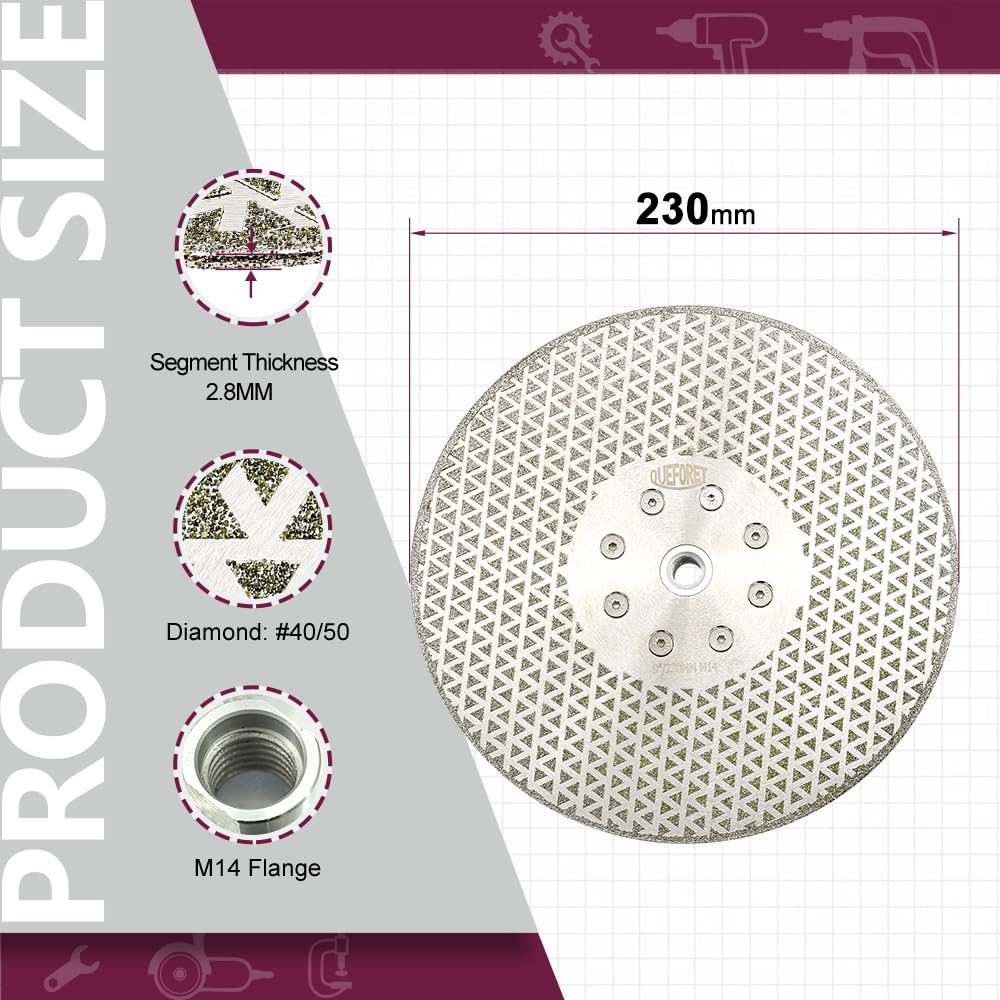 QUEFORET Diamond Cutting Disc 230mm - Disc for Cutting Grinding Granite Marble Ceramic Porcelain Tile Quartz, M14 Flange - Image 2