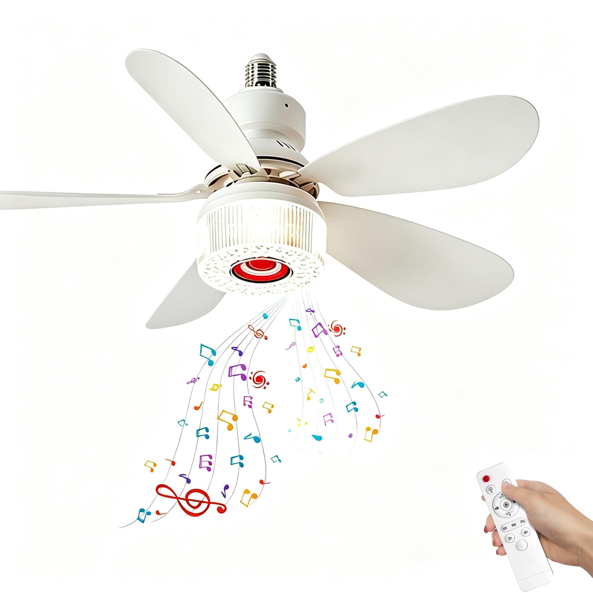 OEHUG RGB Ceiling Fans with Lights and Remote,E27 LED Ceiling Fan Light with Bluetooth Speaker,3 Speeds,3 Colors,1/2H Timer,Fan Lights Ceiling Music Player for Home Room (White)