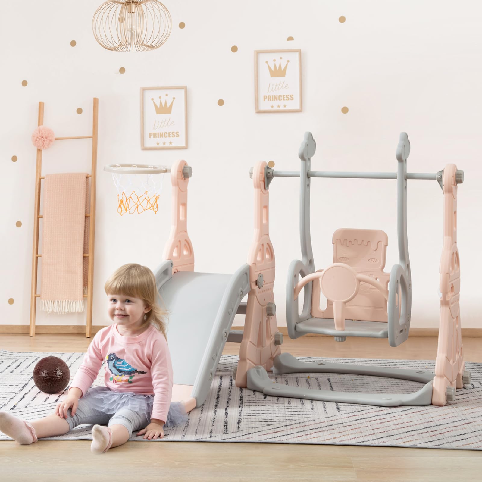 Rutsche und Schaukel für Kinder, Rutsche für Kinder, 4 in 1 mit Schaukel, Basketballkorb, Kletterleiter, Spielset für drinnen und draußen (Rosa, 140 x 118 x 102 cm)