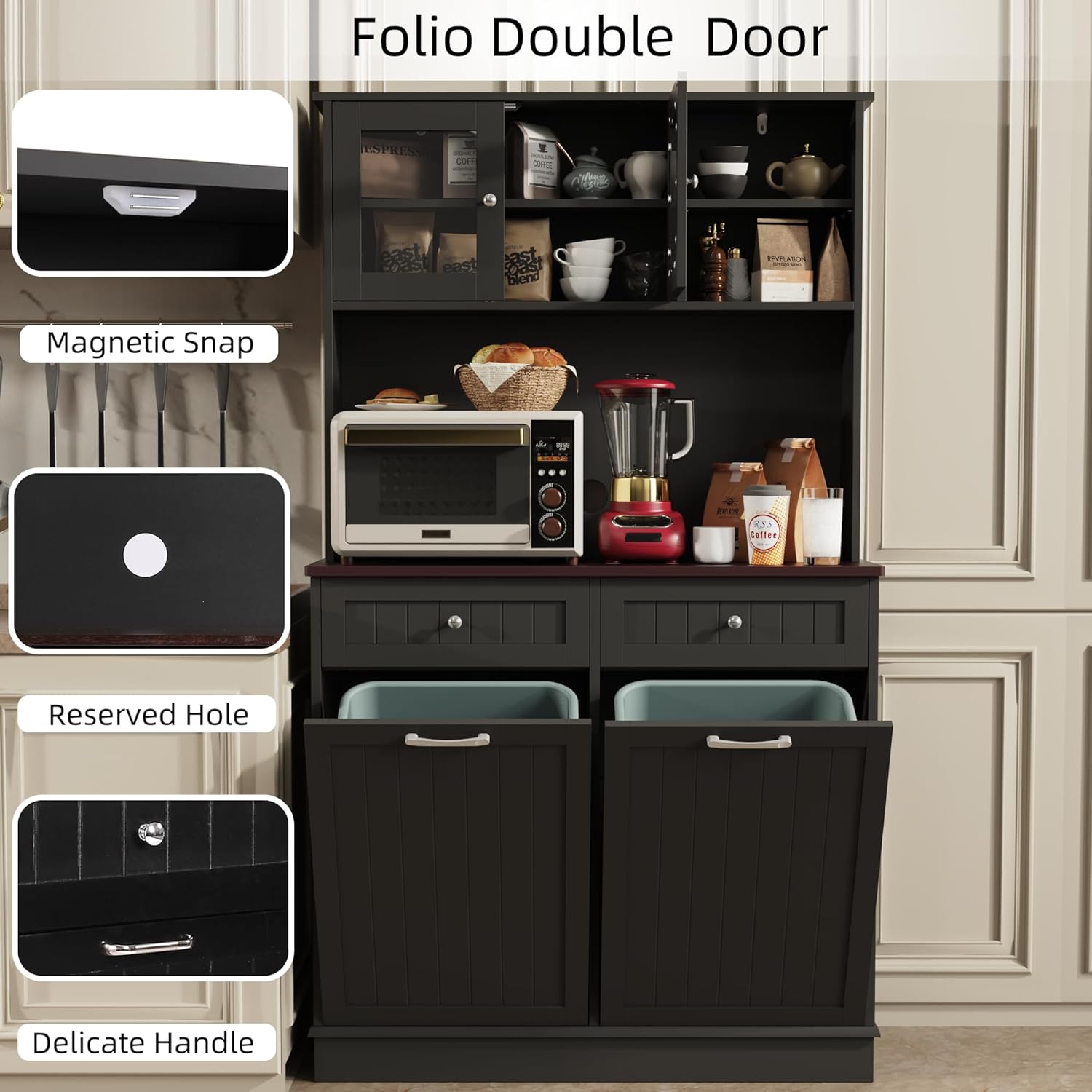 KIGOTY 68" Kitchen Pantry Storage Cabinet,20 Gallon Trash Cabinet with Microwave Stand, Tall Kitchen Cupboard,Pantry Cabinets with Doors and Shelves for Hallway (Black-Double)