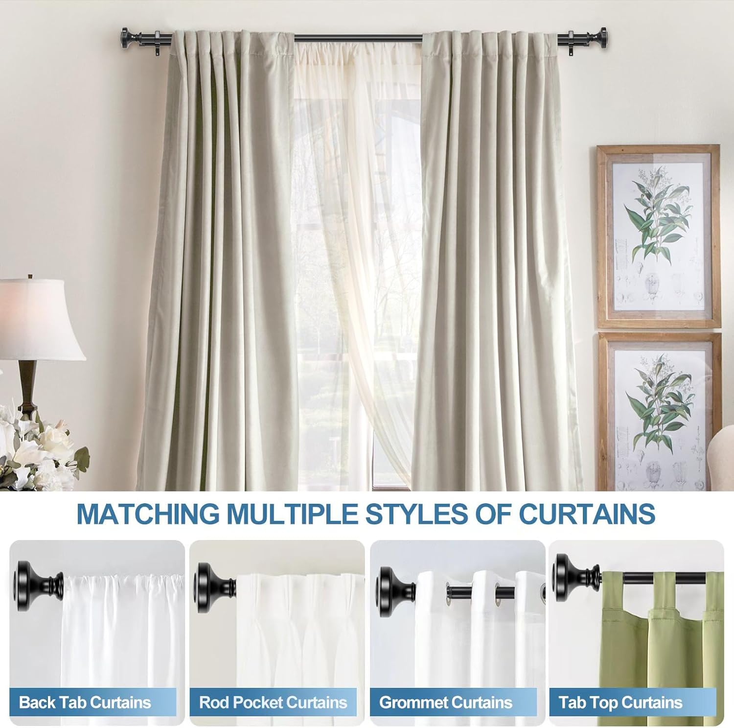Urbanest Semplice Manhattan 1" 3/4" Double Drapery Curtain Window Rod Set - 28" to 48", Black