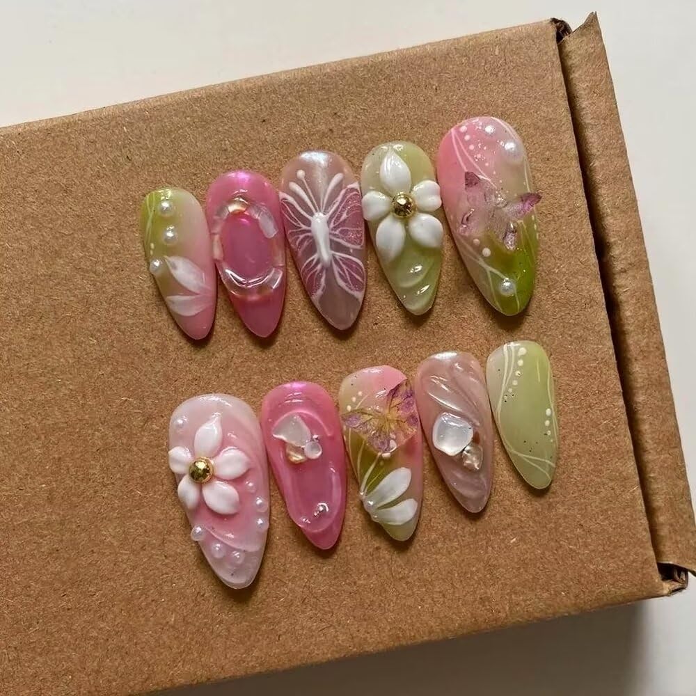 Press On Nails - Medium Almond Handmade Unique Fake Nails, Green and Pink Pairing, Thick Acrylic and Muti-Layer Gel False Nails, Reusable Gel Cured