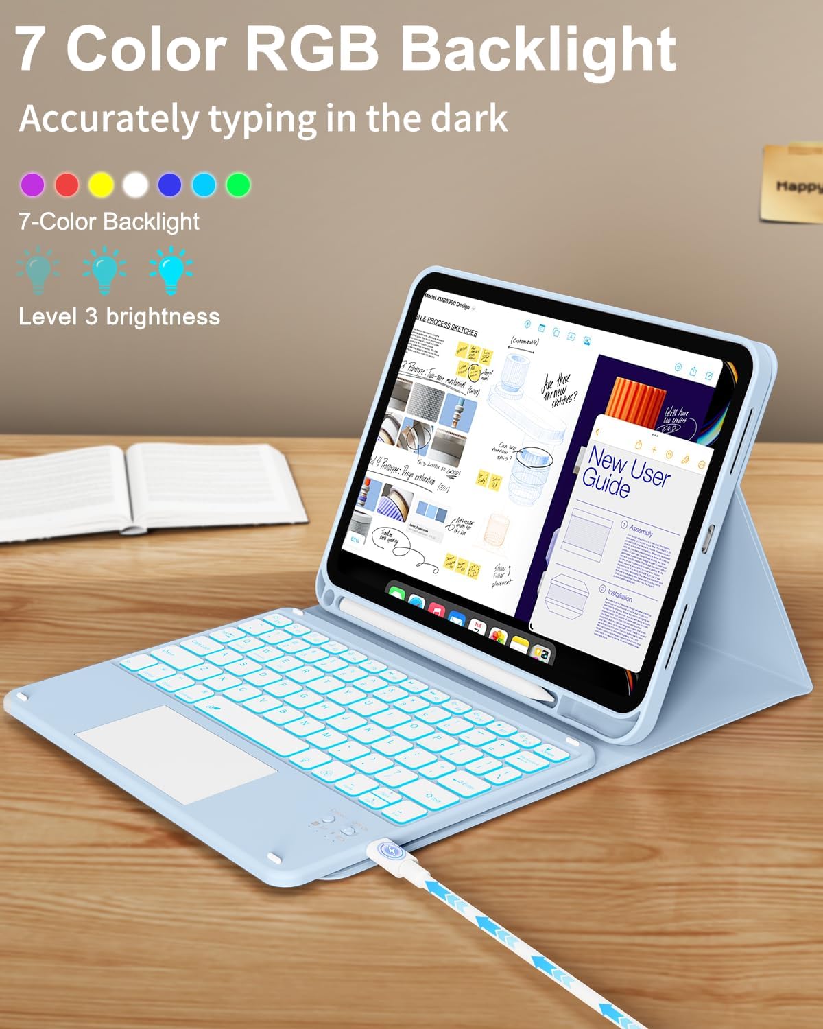for iPad 11th 10th Generation Case with Keyboard, Folio Cover with Pencil Holder, Multi-Touch Trackpad, 7 Color Backlit, Detachable Keyboard for iPad (A16) 11th/10th Gen, Blue