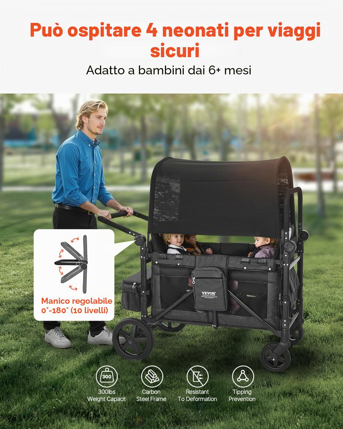 VEVOR Passeggino a Quattro Posti per 4 Bambini, Pieghevole con Maniglia Regolabile, Imbracatura di Sicurezza Tettuccio Rimovibile, Passeggino Comodo, Grigio Scuro e Nero, Carico 150 kg