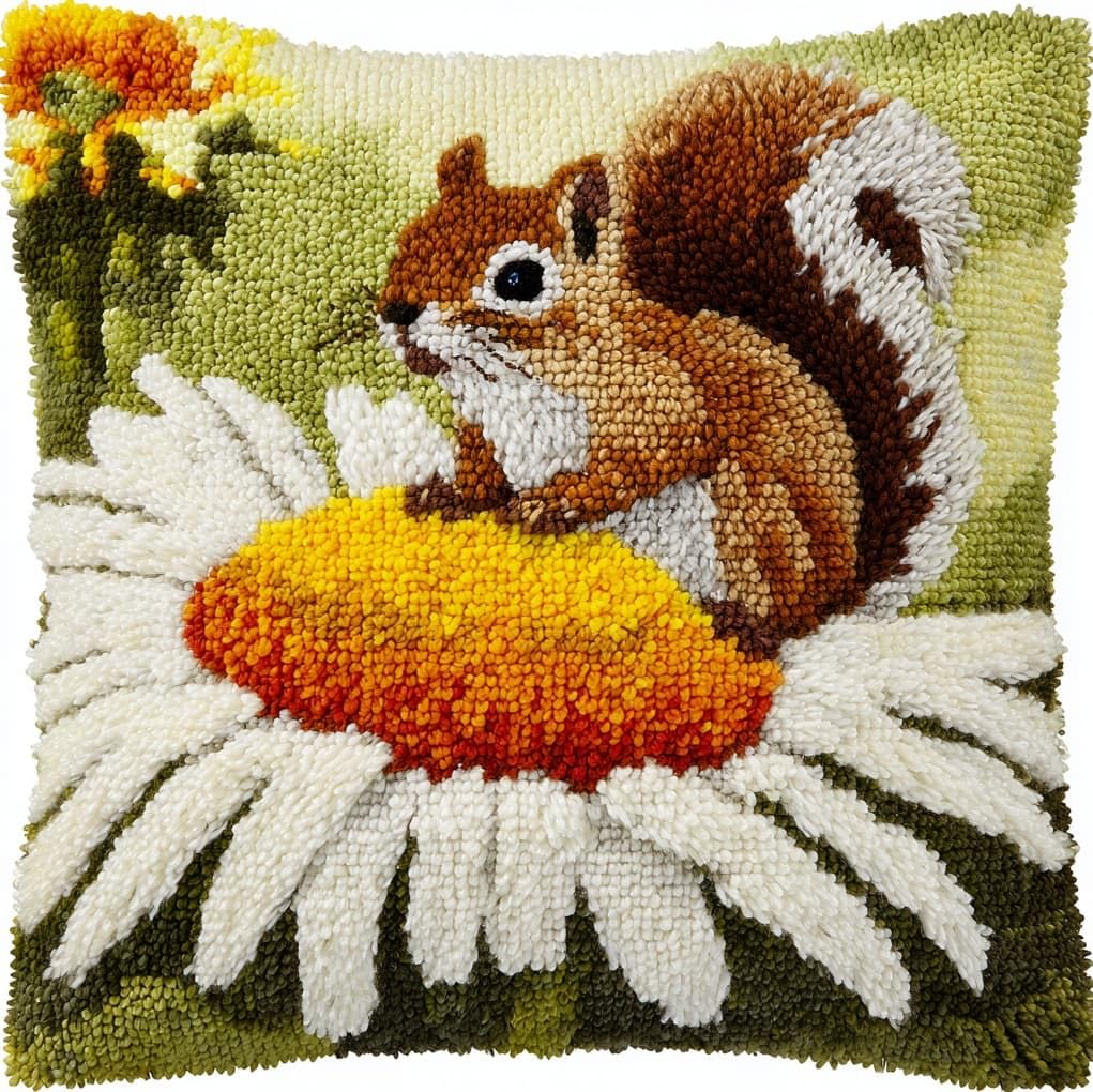 WallustrioaW Latch Hook Kit,Flowers and Squirrels,Latch Hook Kits Pillow for Adults Embroidery Pattern Printed Canvas Creativity Crochet Gift,17x17in