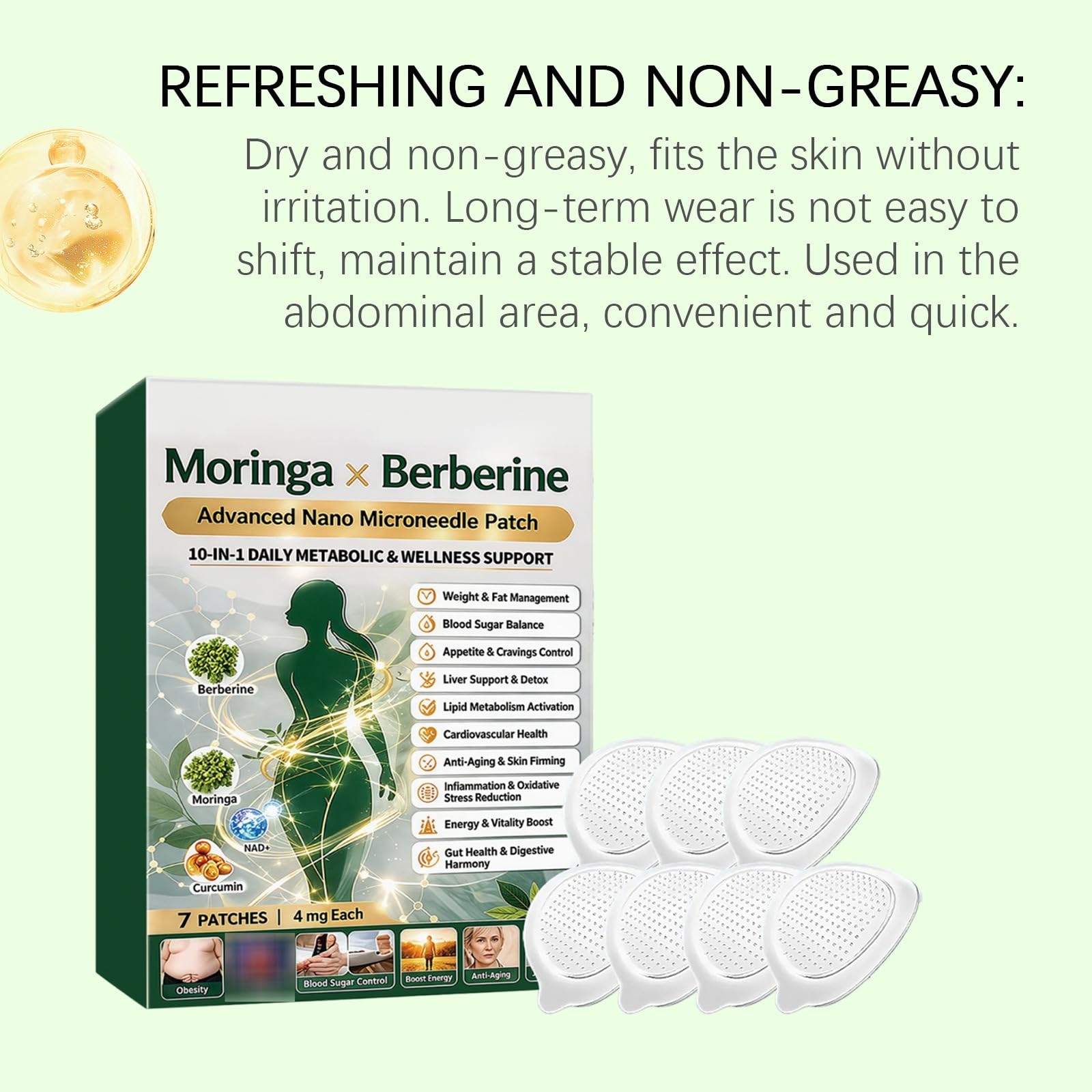 Moringa Plaster 10-IN-1, Moringa X Berberine Slimming, 10 w 1 Nano Microneedle, naturalne wyszczuplanie do utraty wagi, płaskich stomach, łatwe w aplikacji, dla mężczyzn i kobiet, naturalne składniki