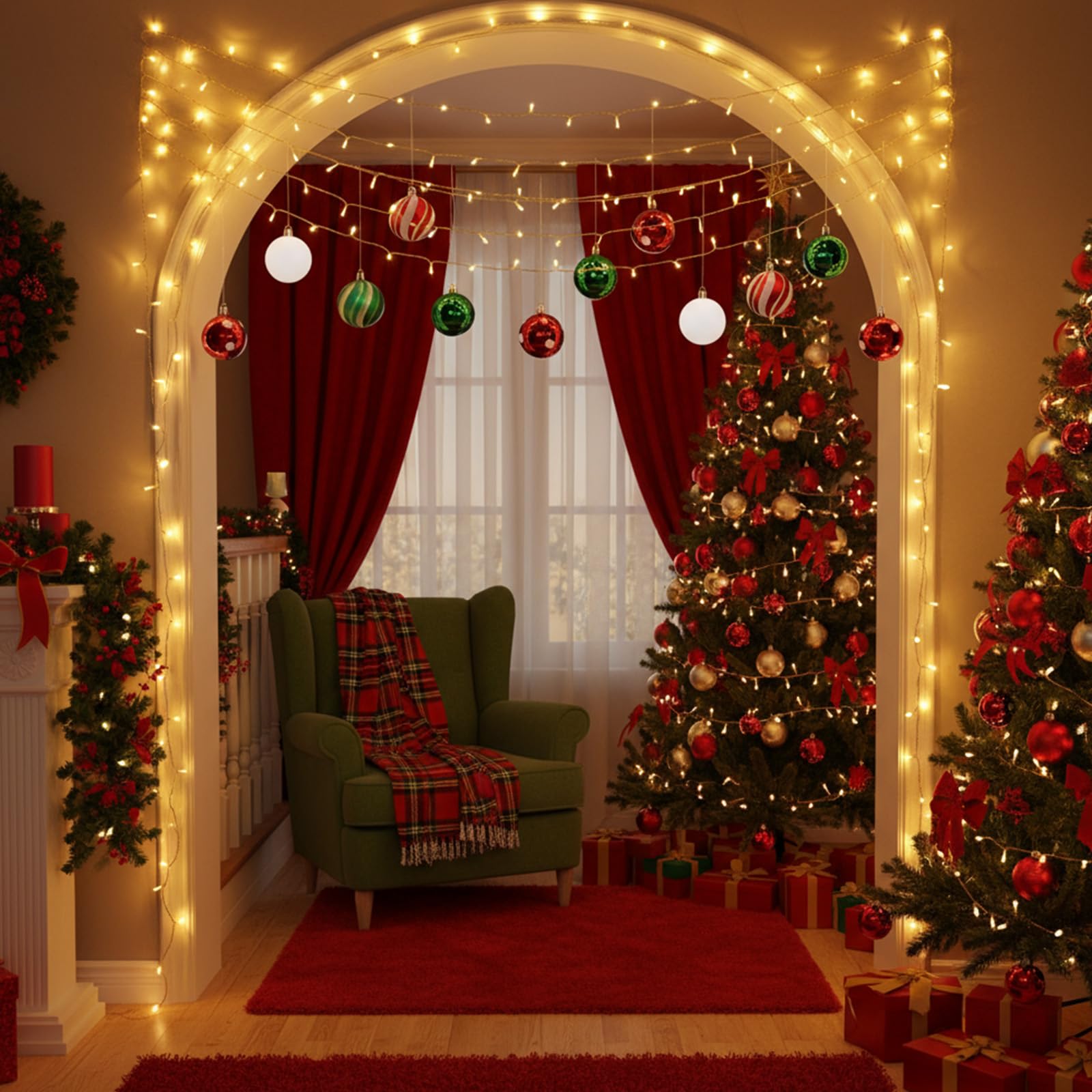 Soulchen Lot de 30 boules de Noël à suspendre au plafond avec guirlande lumineuse de 10 m avec 100 LED et crochets pour Noël, fête de vacances, intérieur ou extérieur, décoration de cour