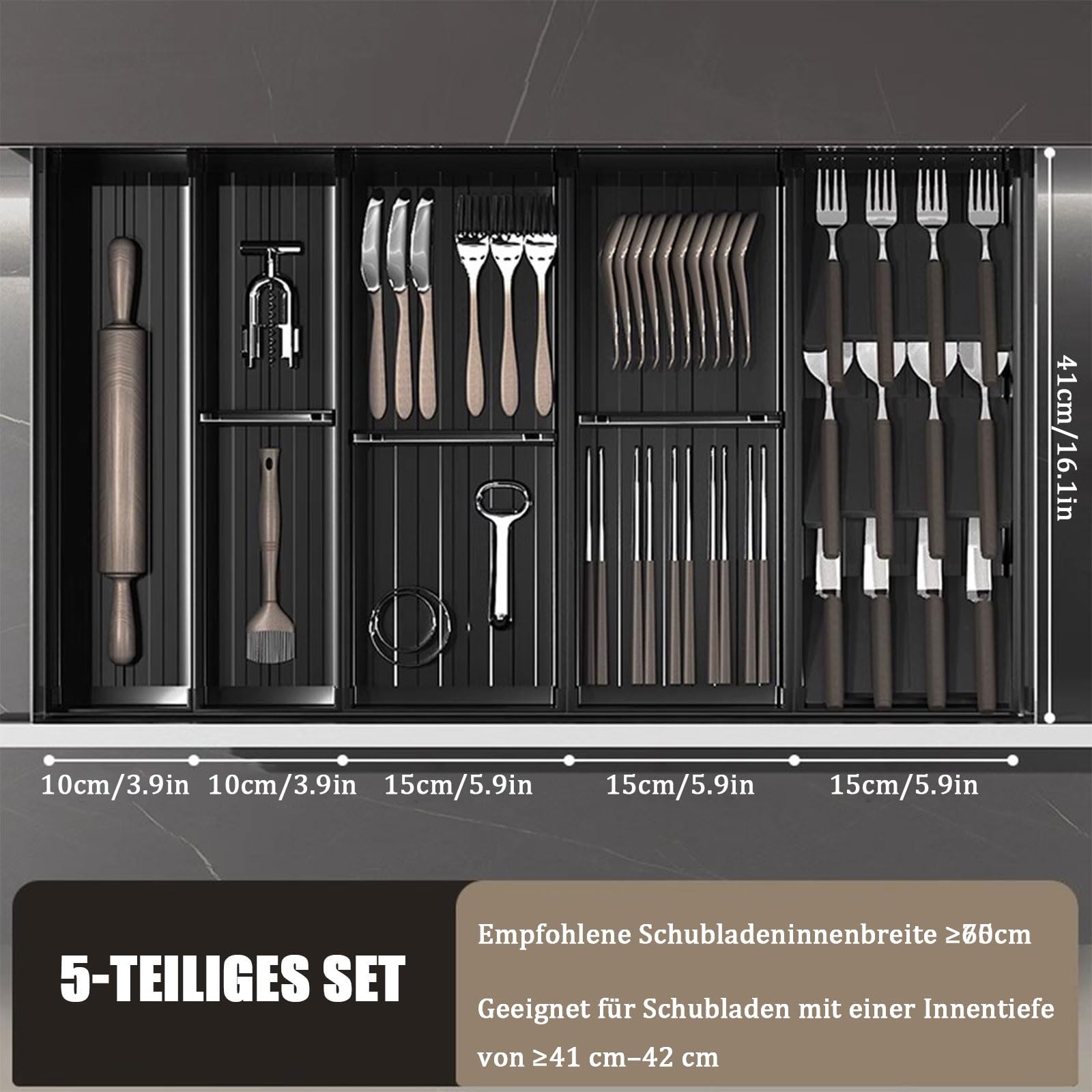 Verstellbarer Besteckkasten für Schubladen – Integrierter Besteckorganizer aus Aluminium, schwarzer, wasserdichter Utensilieneinsatz für die Küche – Fächer zur Aufbewahrung von Löffeln, Gabe