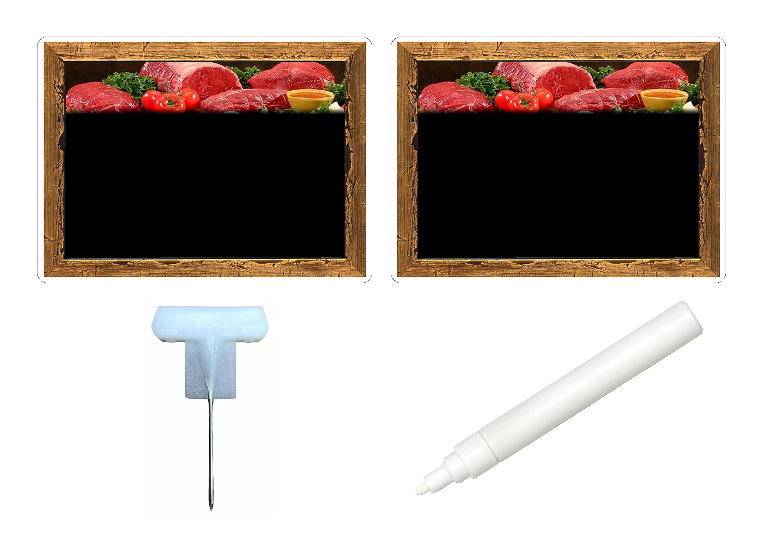 KIT 30 SEGNAPREZZI PLASTIFICATI MACELLERIA 8,3X11,3 cm. (con stampa tipo "lavagna" su sue lati) +30 SUPPORTI +1 PENNARELLO BIANCO PER ALIMENTI