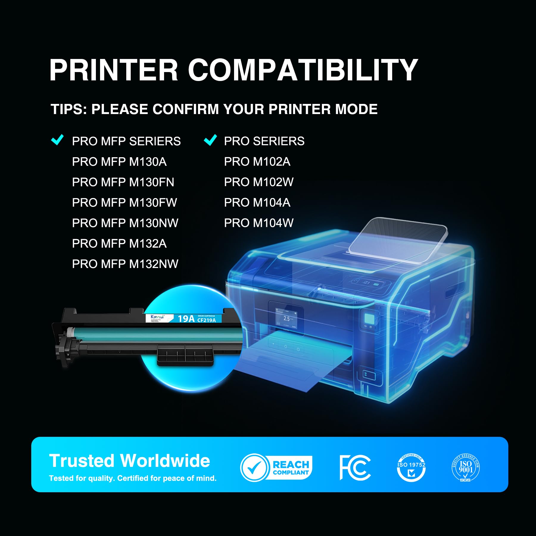 Cartuccia a tamburo CF219A 19A, 1 confezione da 19 A, colore nero, ricambio per stampanti HP Pro M102a M102w M104a M104w, Pro MFP M130a M130fn M130fw M130nw M132a M132nw