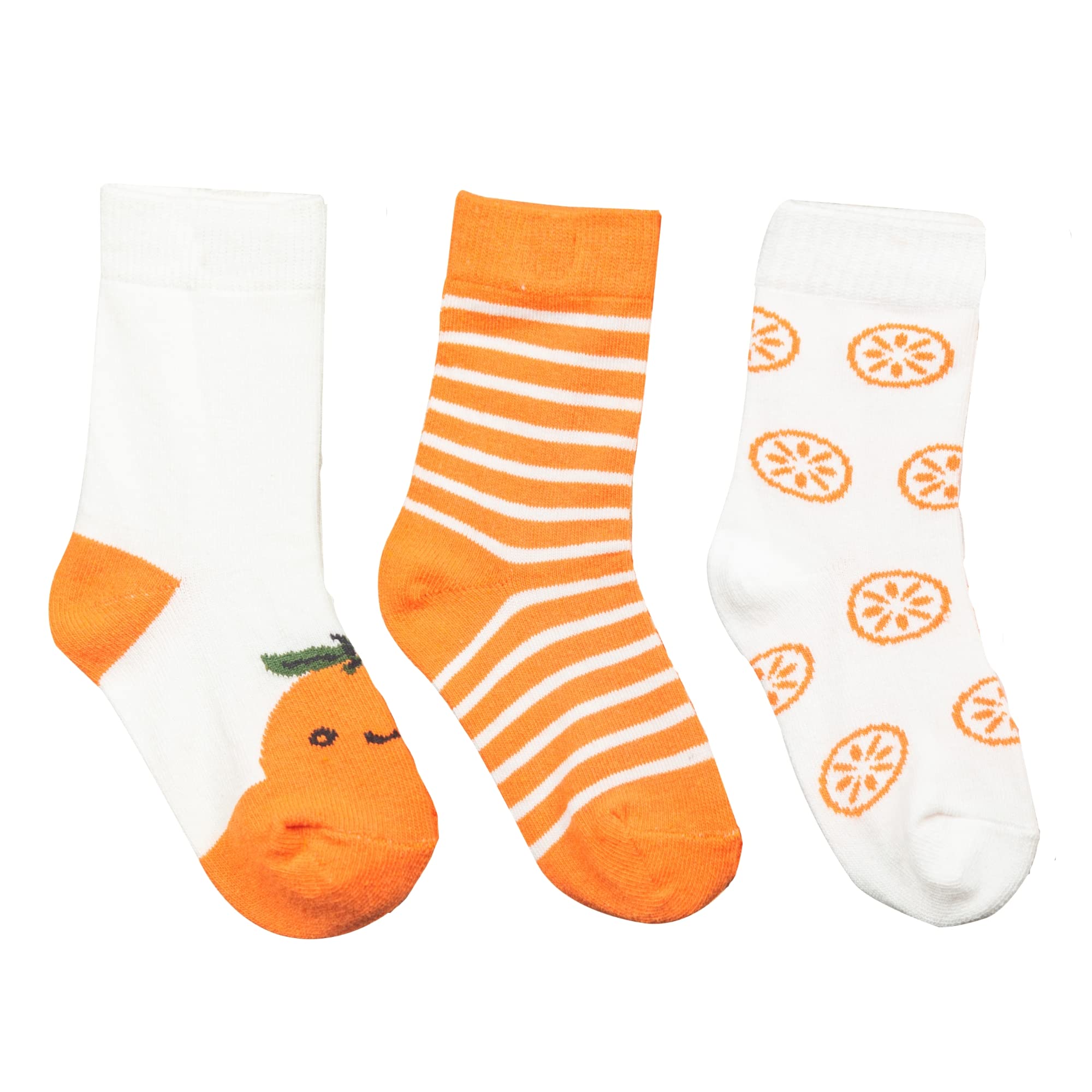 Mylo Essentials Antibacterial Ankle Length All Seasons Soft Knitted Cotton Breathable Baby Boys’ & Girls’ Socks Multi Design Pack of 3 Pairs (12 Months-24 Months) - Unisex Slice of Orange