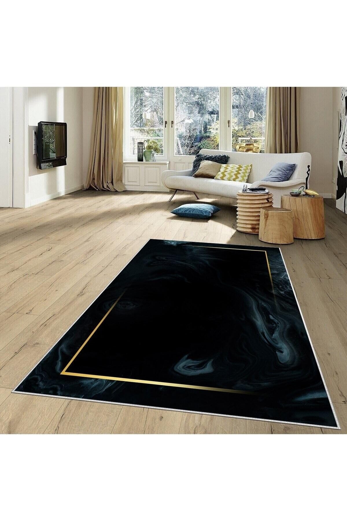Pelangi Siyah Zemin Gold Şerit Desenli Yıkanabilir Kaymaz Taban Leke Tutmaz Modern Salon Halısı Ve Yolluk, Siyah-Gold 80 x 50, 74571133805005