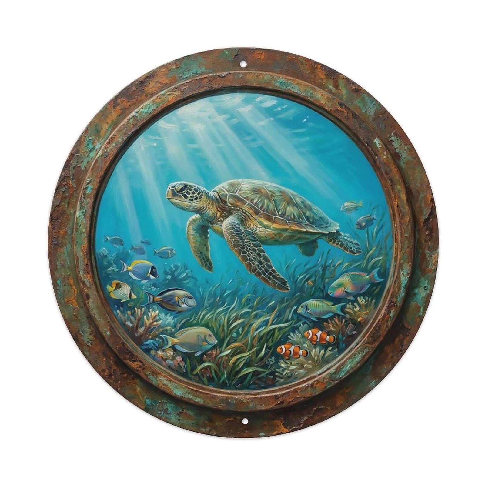 Vintage Porthole Green Turtle Swim Ship Window Undersea Deep Sea Metal Tin Sign