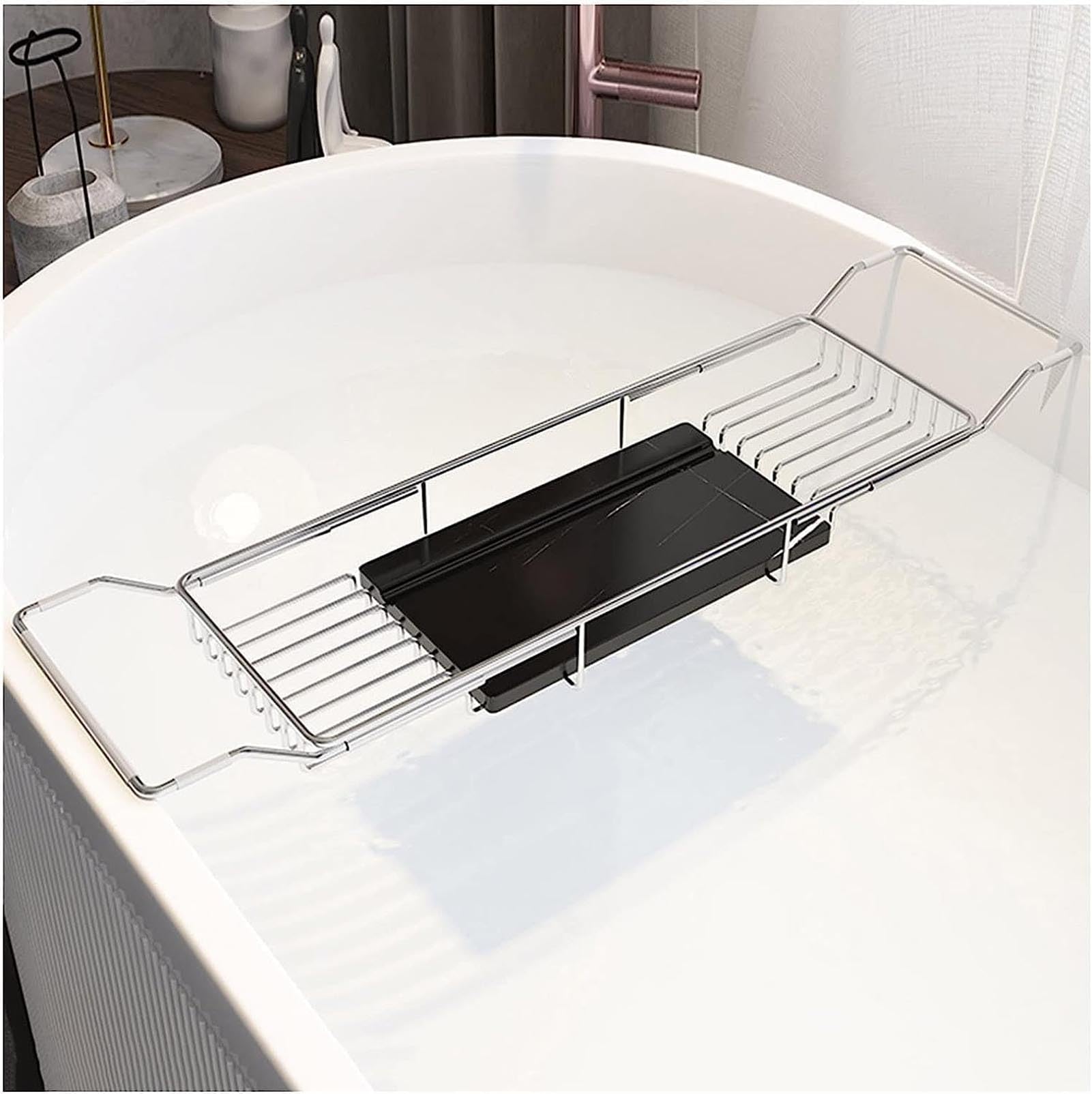 JKJZSALJ Metal Marble Bathtub Rack, Bathtub Caddy Tray Stainless Steel Shower Caddy Tray With Extending Sides, Bathroom Trays, For Hotel Spa Shower Stall-Gold-B,White-A