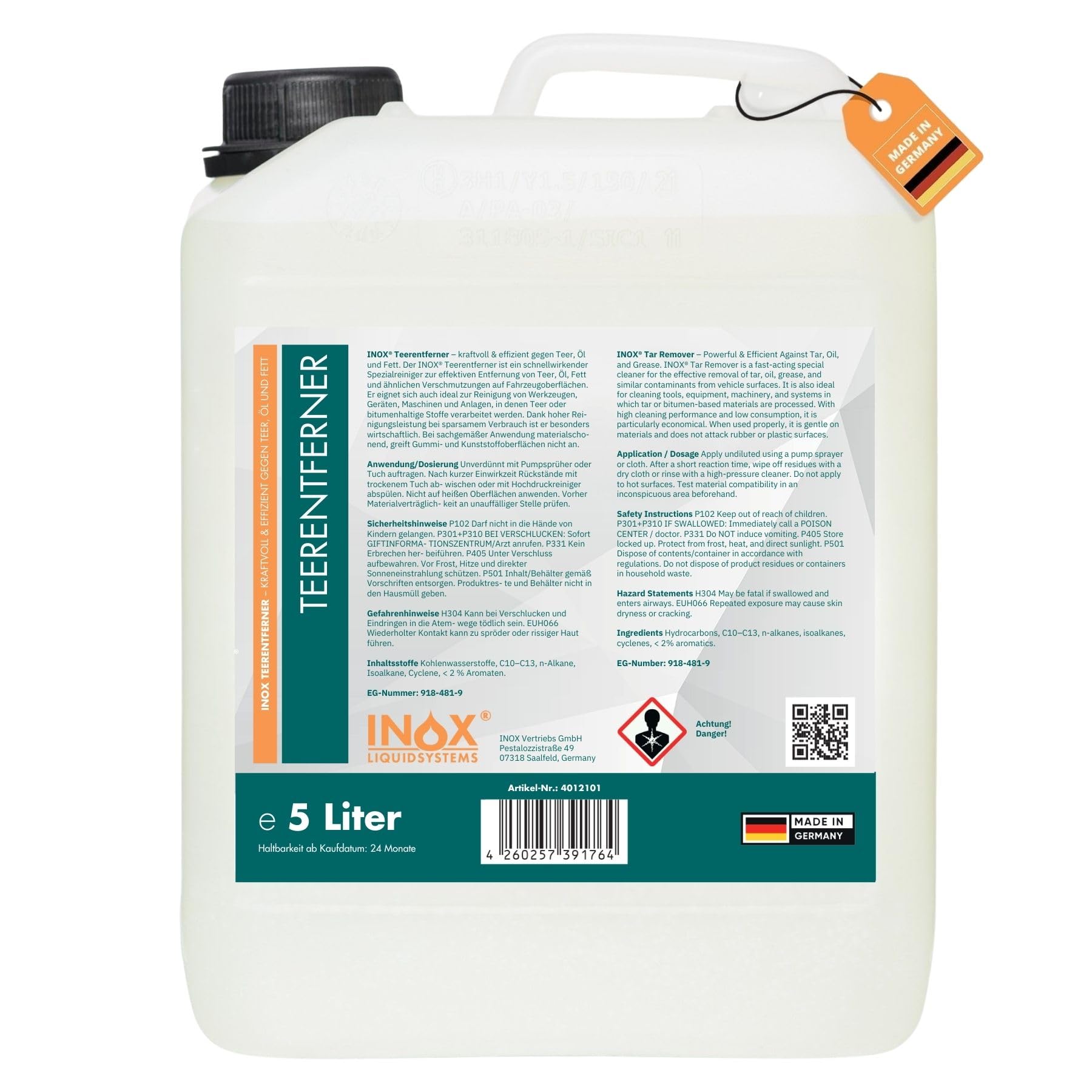 INOX® Auto Teerentferner 5 Liter - Teerreiniger für Innenraum und Außen - Klebstoffentferner Baumharzentferner - Industriereiniger schonend zu Autolack und Chrom