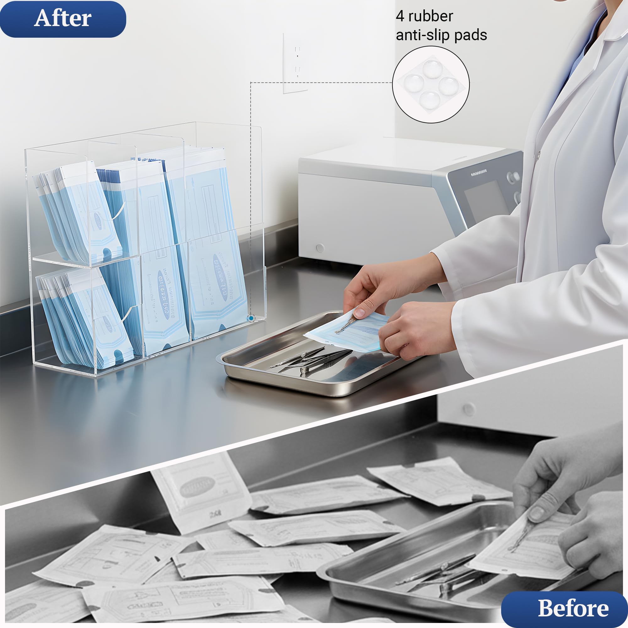Bolsas de esterilización acrílicas, 4 compartimentos, para autoclave, organizador de bolsas para clínicas dentales, veterinarios y salones de uñas, transparente, 34,8 x 11,5 x 30 cm