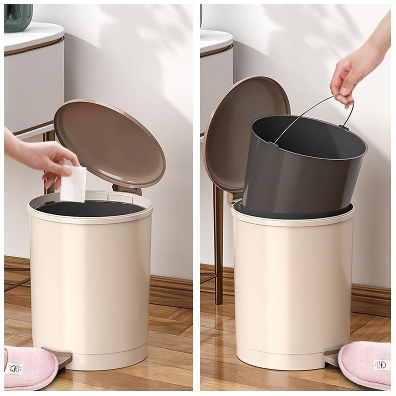 Papelera de Escritorio Bote de basura redondo con tapa, bote de basura con escalón sin contacto, bote de basura con pedal de plástico de 9/13 litros con cubo interior for sala de estar, dormitorio, ba