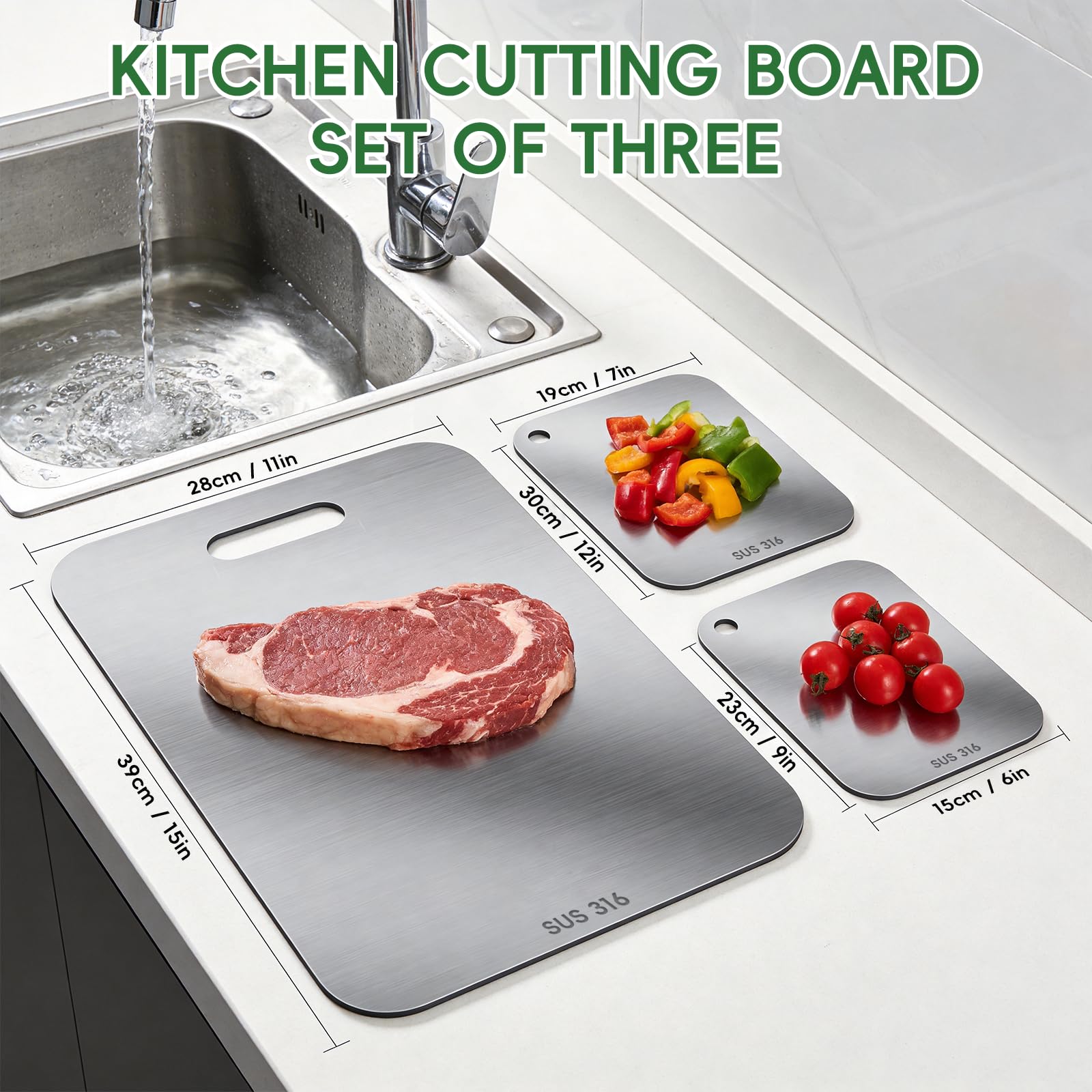 3 Pezzi Tagliere Acciaio Inox 316 Alimentare, Doppio Lato Reversibile, Igienico Antibatterico e Resistente, per Carne, Verdura, Frutta e Pane, Set da Cucina Professionale
