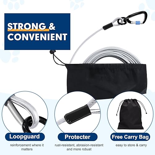 Miniatura 5 de Snagle Paw Correa para perro para patio, 50 pies y 1000 libras, cable de amarre resistente para perros con gancho giratorio y resorte, cadena de