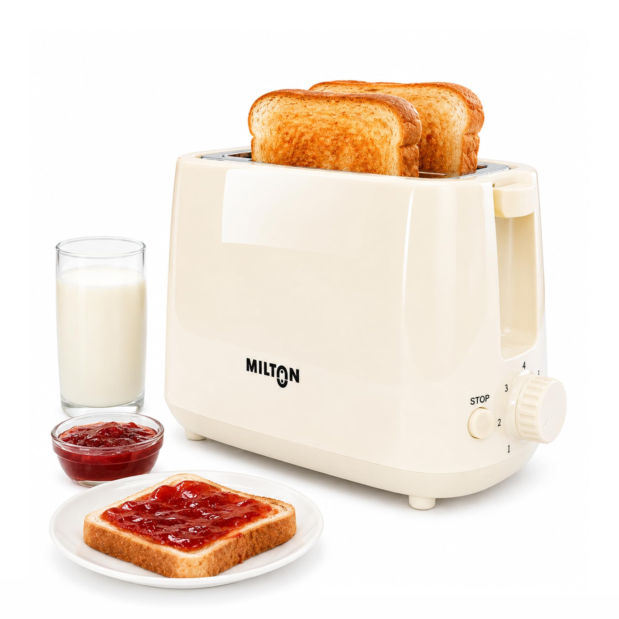 Milton Bread Toaster 2 Slice Auto Pop Up | 7 Level Heating Modes 750 Watts| Auto Shut Off | Removable Crumb Tray | Matt White