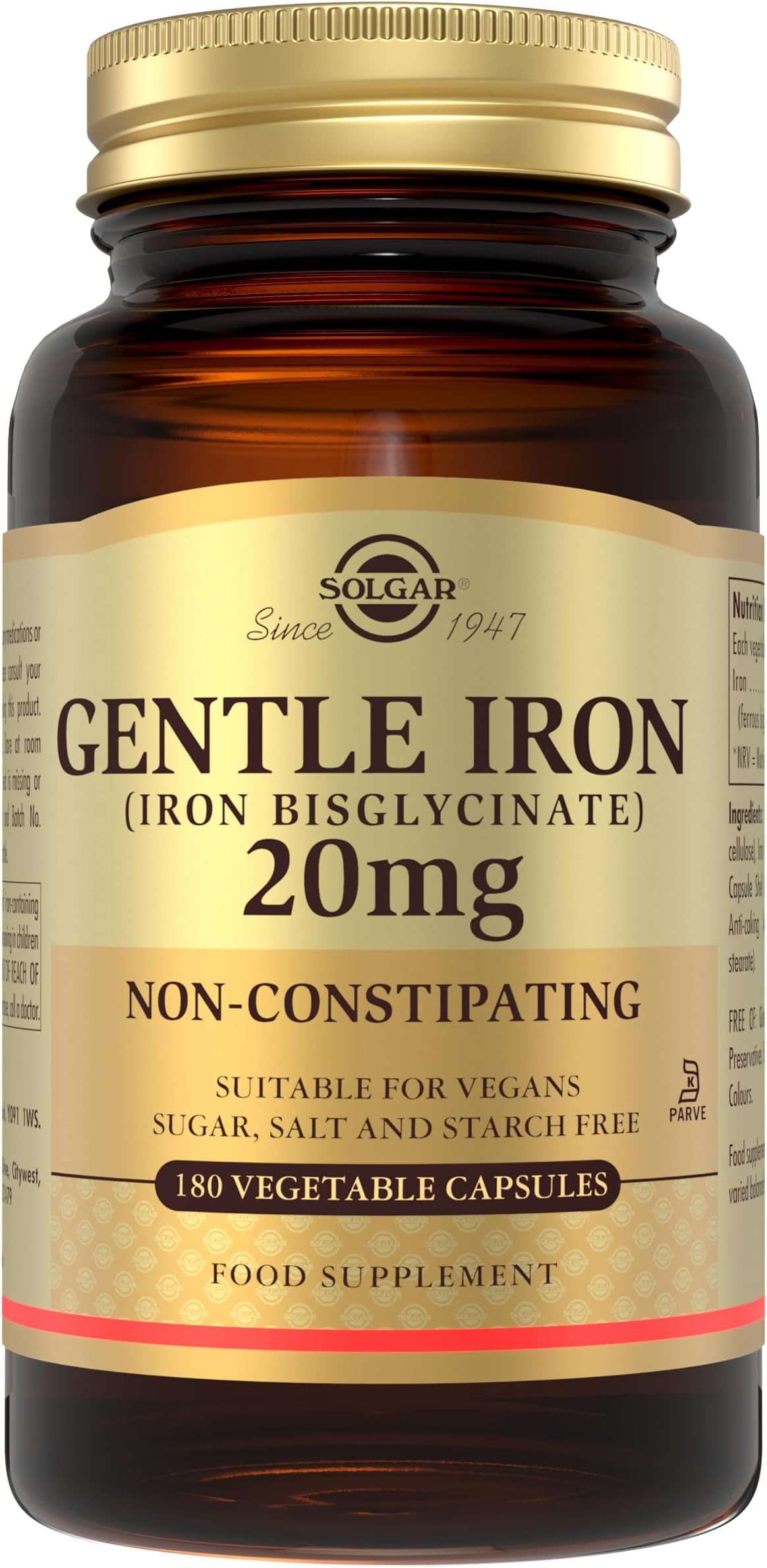 – Gentle Iron (Iron Bisglycinate) 20 mg Vegetable Capsules - Pack of 180 - Reduces Constipating Effects - Gentle on The Stomach - Vegan and Gluten Free