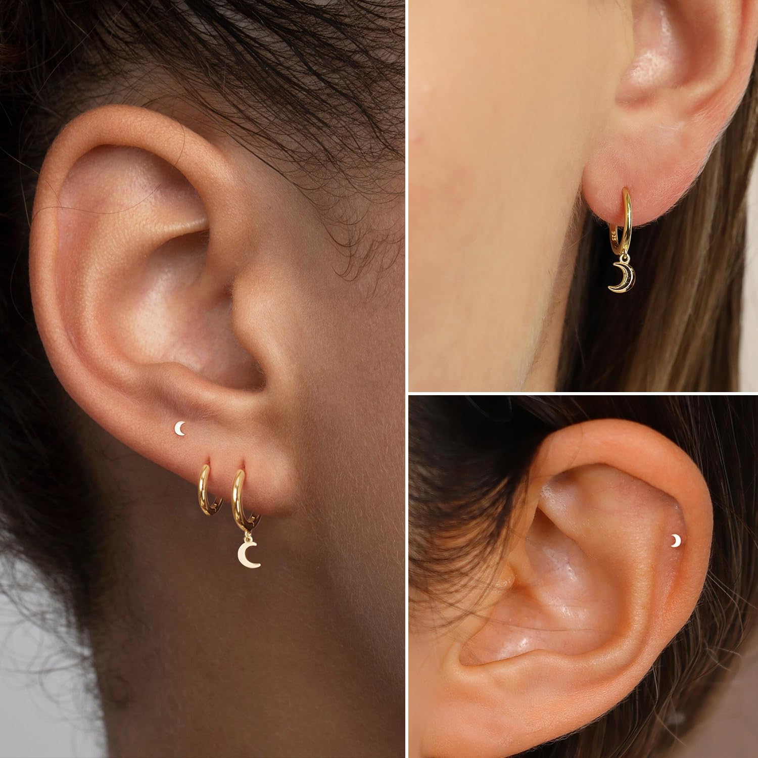 Hoop Earrings for Women-14k Gold-plated Moon Star Butterfly Heart Clover Snake Tiny Stud Huggie Hoop Dainty Stack Earrings Set for Women - Image 3