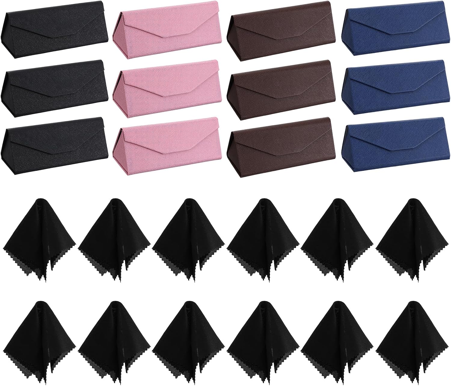 12 Packs Foldable Glasses Case Hard Shell Foldable Eyeglasses Leather Case Sunglasses Box 12 Cleaning Cloths 3 Pieces of Each of The 4 colors
