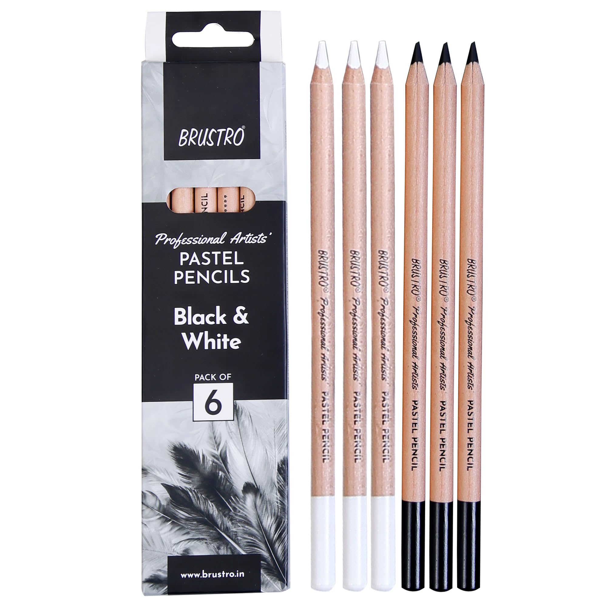 BRUSTRO Artists Pastel Colored Pencils - Set of 6 (3 Black and 3 White) - 4mm lead | Break Resistant, Erasable, Highly Pigmented, Vibrant Colours | Ideal for Drawing,Sketching,Mandala,Shading,Portrait