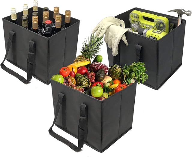 VENO 3 Pack Reusable Grocery Shopping Bags, Shopping Cart Bags, Trunk Organizer, Storage Box Bag, Heavy Duty Tote, Reinforced Bottom, Stands Upright, Collapsible, Large Size (Black - Set of 3)
