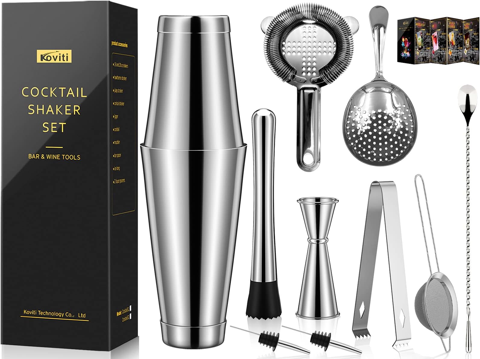 Cocktail Shaker - Koviti 12 Piece Bartender Kit - Stainless Steel Cocktail Shaker Set, Premium Bar Tools : Martini Shaker, Muddler, Jigger, Mixing Spoon, Strainers, Ice Tong, Liquor Pourers