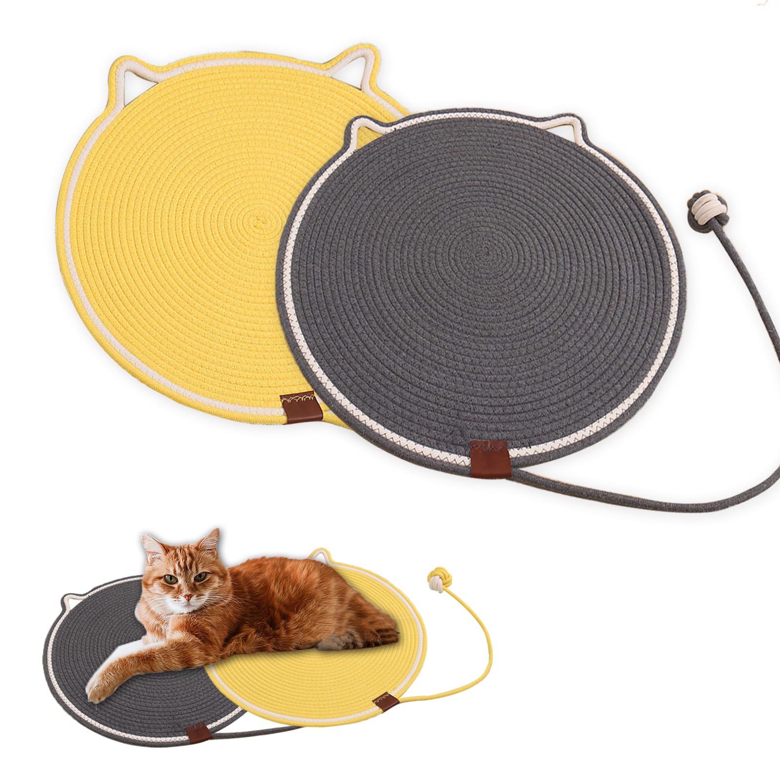 2 Pack Cat Scratching Pad,Natural Cotton Rope Scratch Mat, 16.9'' Round Cat Wall Scratcher & Floor Scratch Pad, Durable Double - Sided Cat Scratcher,