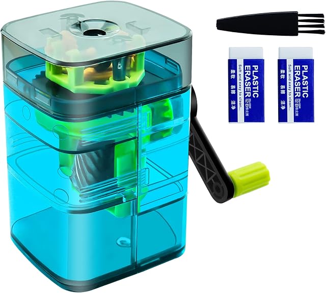 Manual Pencil Sharpener Desktop Pencil Sharpener with Spiral hob and auto Stop Function Two Eraser Sets and one Cleaning Brush Suitable for Kids/ Adult/Students/Artists (Blue)
