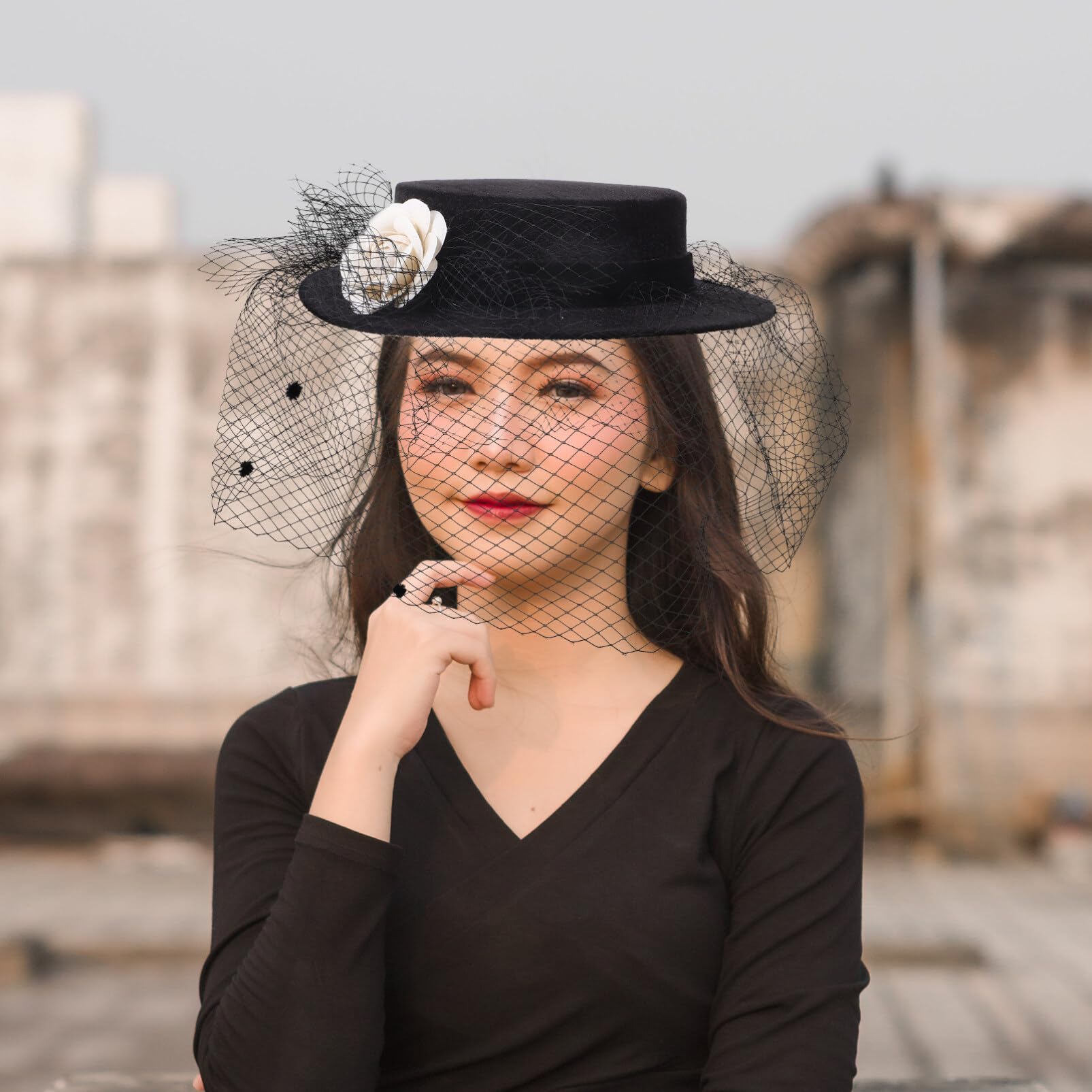 PACKOVE Cappello Donna Cerimonia Elegante in Nero a Tesa Larga