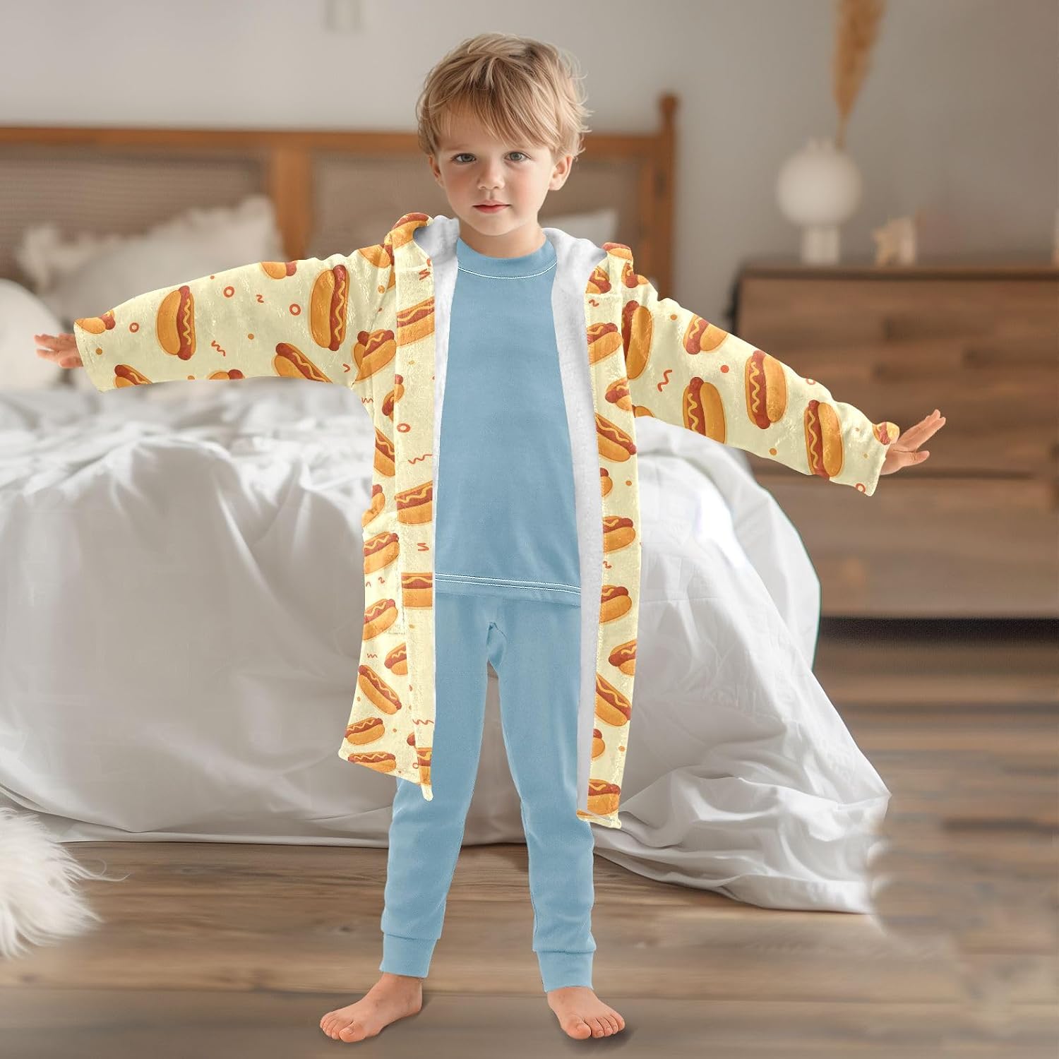 Cartoon Hot Dog Pattern Toddler Hooded Bathrobe for Boys Girls Soft Plush Bath Towel Robe 2-12 Years