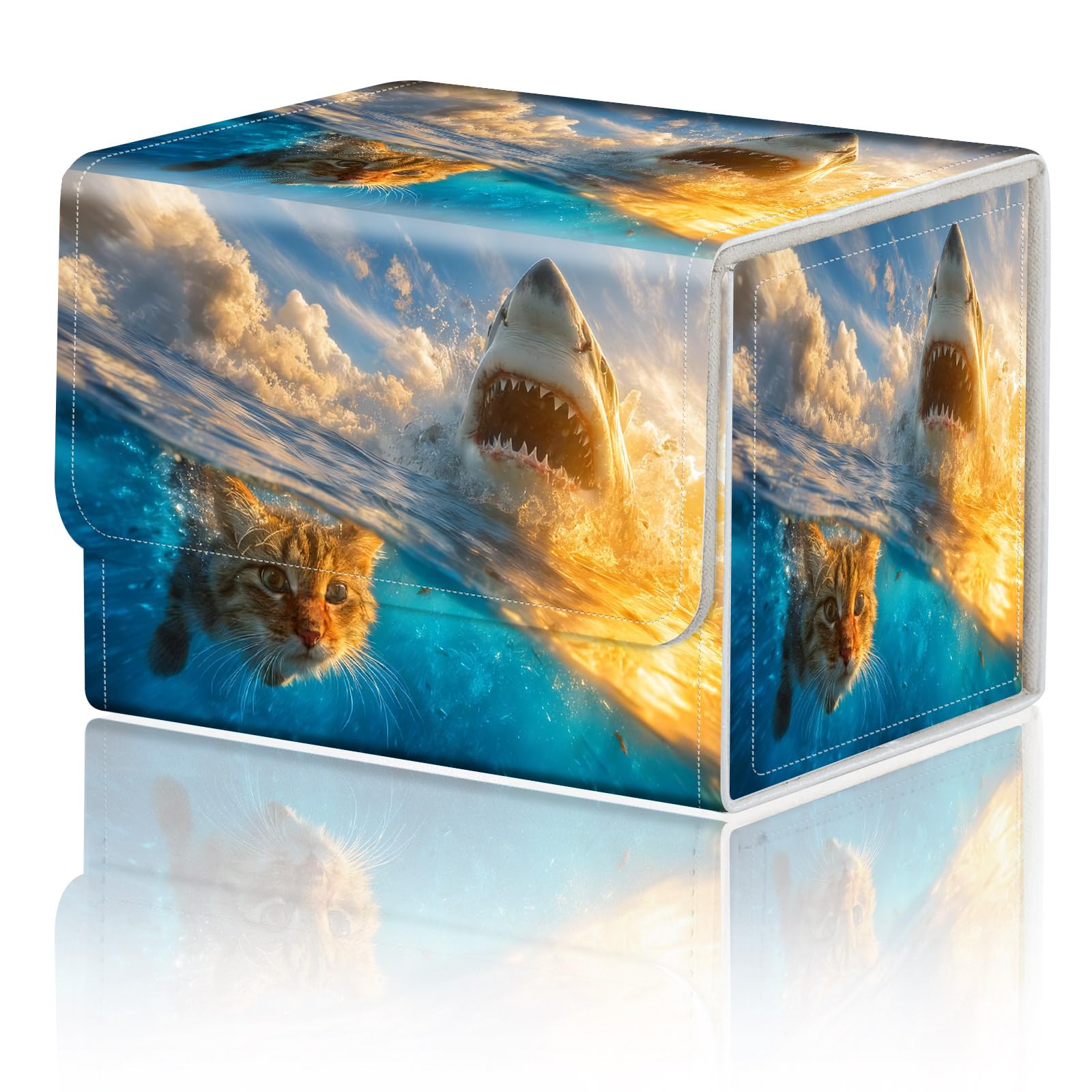 Card Game Storage Box for TCG Deck Box MTG Card Box Organizer Trading Card Case Commander Deck Box TCG Card Storage Box Magnetic Closure Creative Pattern Up to 200 Cards, Cute Cat And Shark Ocean โ image 1