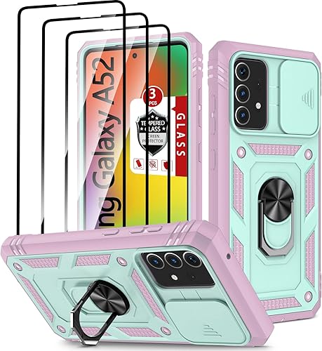 Miniatura 8 de Funda para Galaxy A52 4G, para Galaxy A52 5G con 3 protectores de pantalla de vidrio templado con soporte de anillo integrado + cubierta de cámara