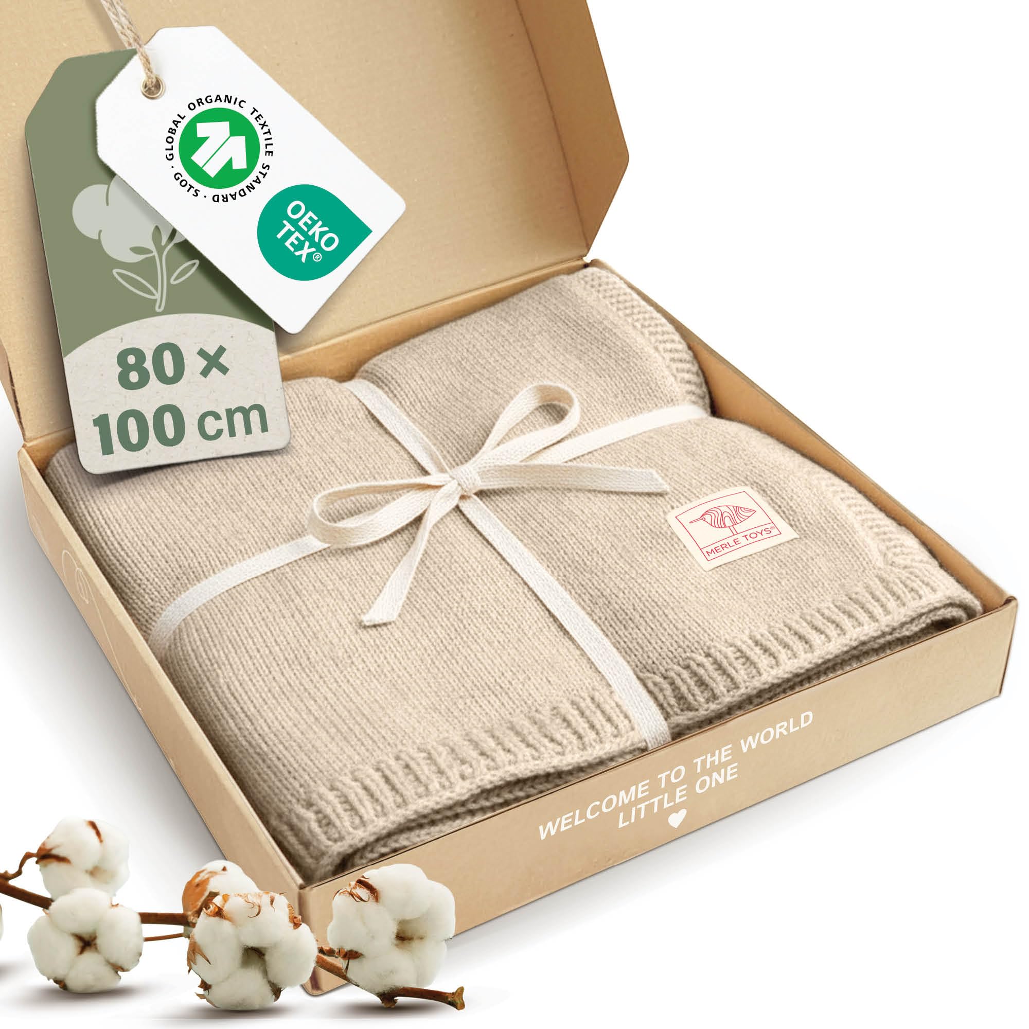 Merle Toys® Premium Coperta Neonato Cotone, 100% Biologica, Copertina Neonato Cotone Estiva e Inverno, Traspirante, Morbida e Termoregolatrice, Certificata GOTS, OEKO-TEX 100, 80x100cm, Beige