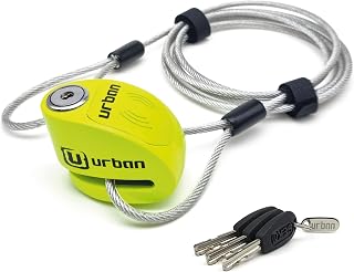 Urban UR906X5L Candado Moto Disco Alarma y Cable Extensión Seguridad 2m, 120db ON/Off, Módulo Remplazable Impermeable, Antirrobo Moto Pinza Disco Freno Universal Motos Scooters Bicicletas Patinetes