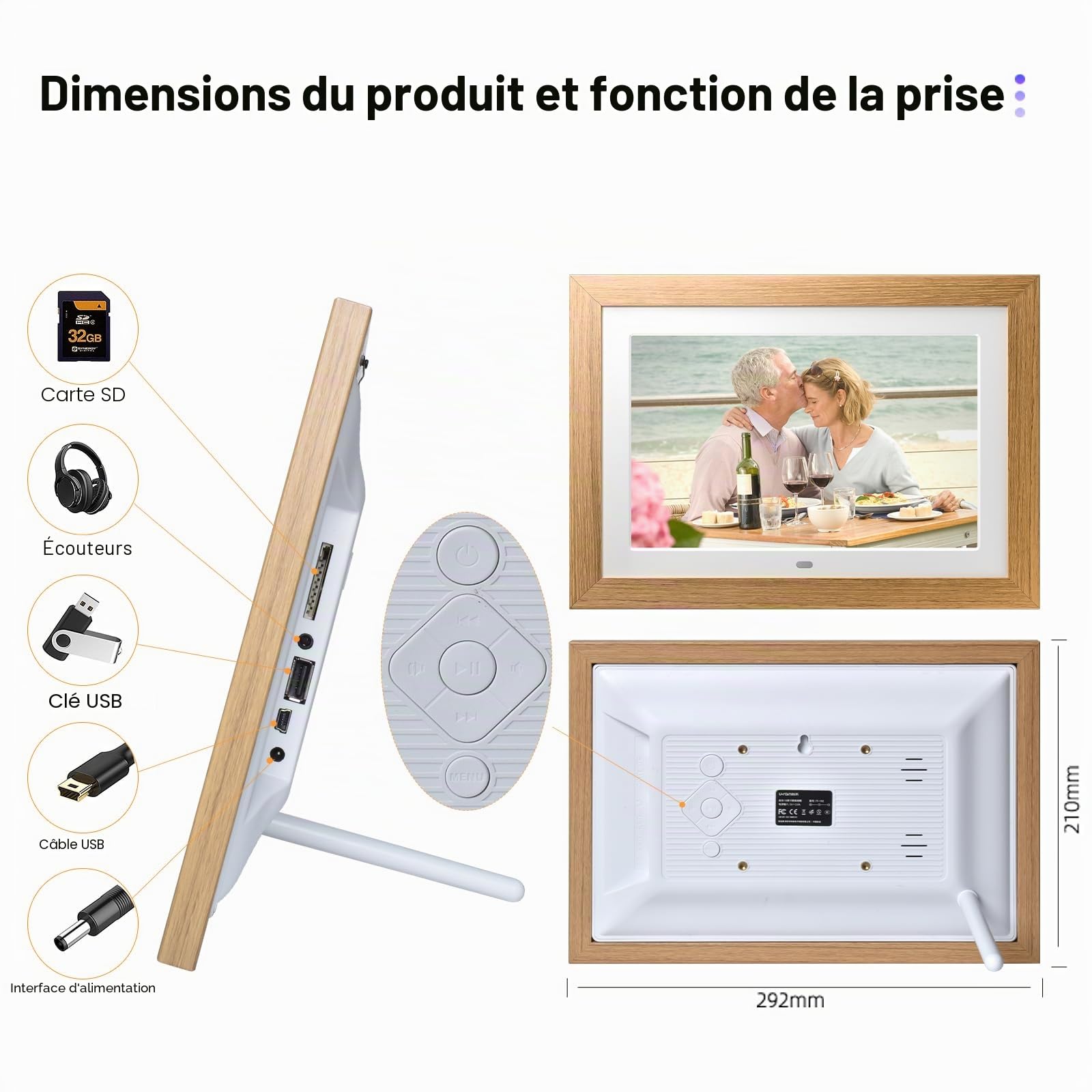 Cadre Photo numérique 10 Pouces, sans WiFi Cadre Photo numérique avec télécommande, HD Affichage Photo et vidéo, Support Carte SD de 32 Go, USB, Auto-Rotation, Automatique on/Off, Cadre en