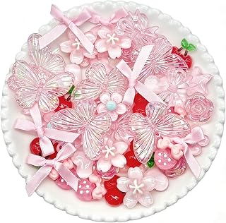 デコパーツ 60個セット 樹脂パーツ 蝶 花 苺 桜桃 星 ハート リボン 全10種 ミックス かわいい レジンデコ ホイップデコ 携帯ケース ヘアピン ネイル カード DIY ハンドメイド用 収納ケース付き