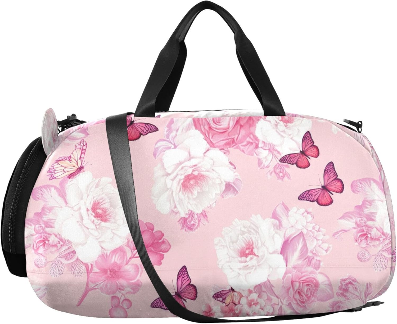 Carry on Duffel Bag for Boys White Pink Flowers Butterfly Toddler Weekender Bags Girls Duffle Bags Travel Tote Shoe Compartment