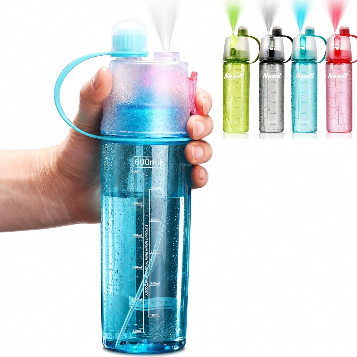 2-in-1 Water Mist Spray Bottle with Straw, 600ML BPA-Free Sports Water Bottle with Fine Mist Sprayer, Leakproof Reusable Sipper Bottle for Gym, Cycling, Running, Yoga, Travel & Outdoor Activities-image-29