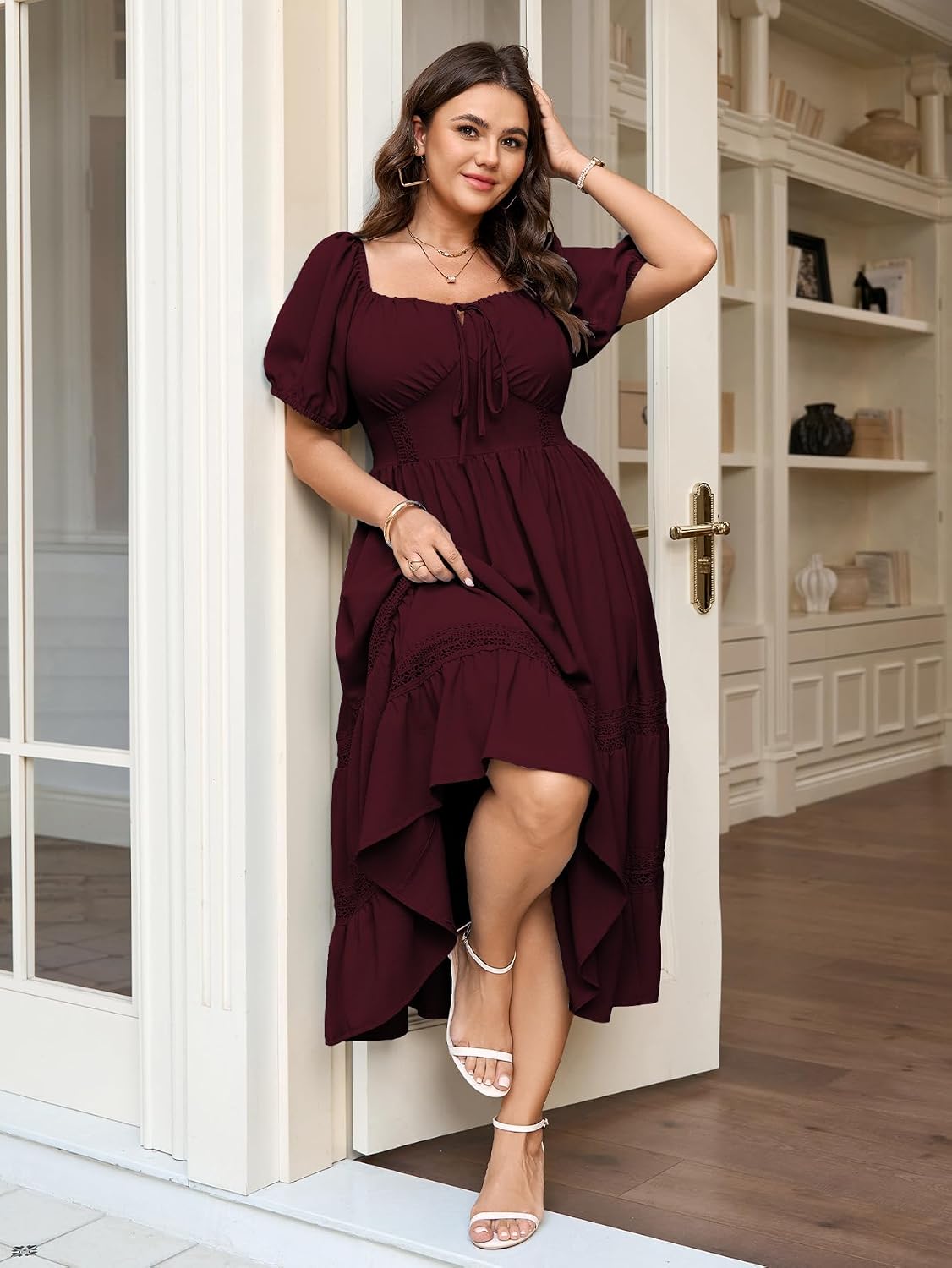 SCOMCHIC Womens Plus Size Maxi Dress Short Sleeve Square Neck Smocked Boho Wedding Guest Lace Trim Tiered A Line Dresses