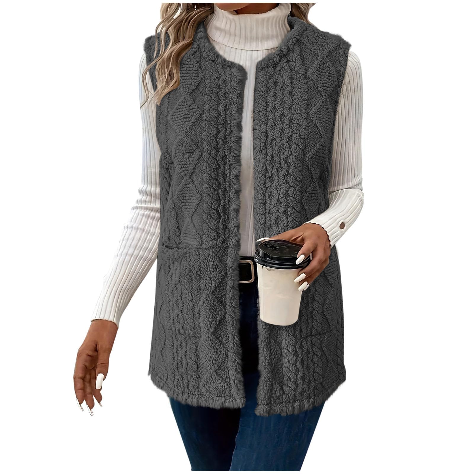 Womens Sweater Vest Sherpa Fleece Sleeveless Open Front Jacket Loose Crew Neck Cable Knit Vest Loose Fall Coat