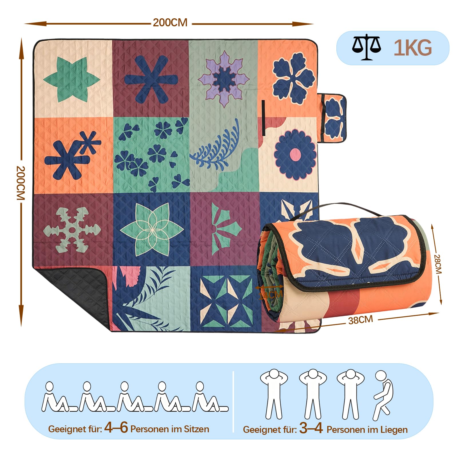 Tappetino da picnic 200x200 cm impermeabile coperta spiaggia isolante XXL