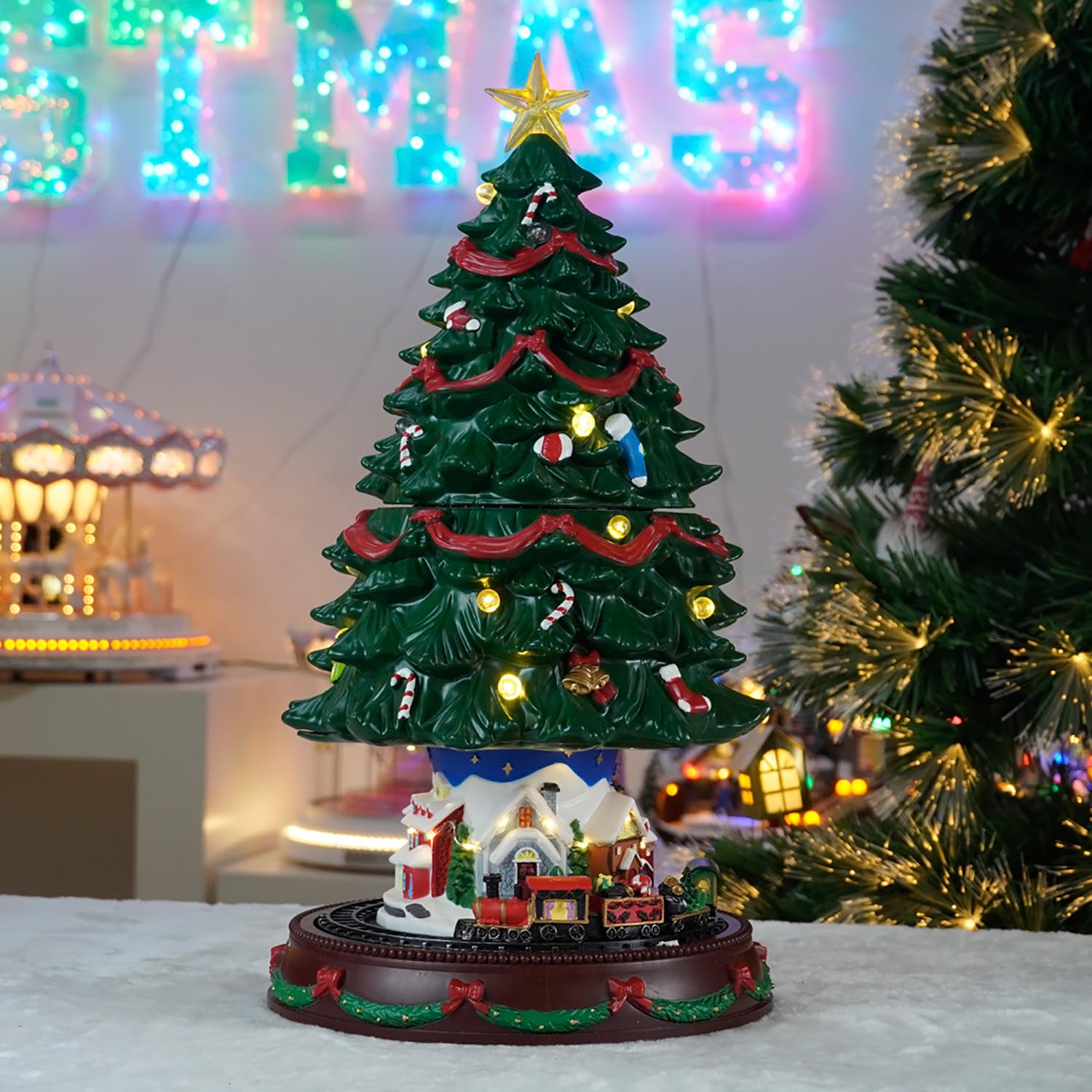 Árbol De Navidad Musical Iluminado De 49 Cm De Altura, Escena De Pueblo, Árbol De Navidad Que Sube Y Baja, Escena De Tren Giratorio, Caja De Música, Decoración Festiva, Añade Encanto Al Ambiente