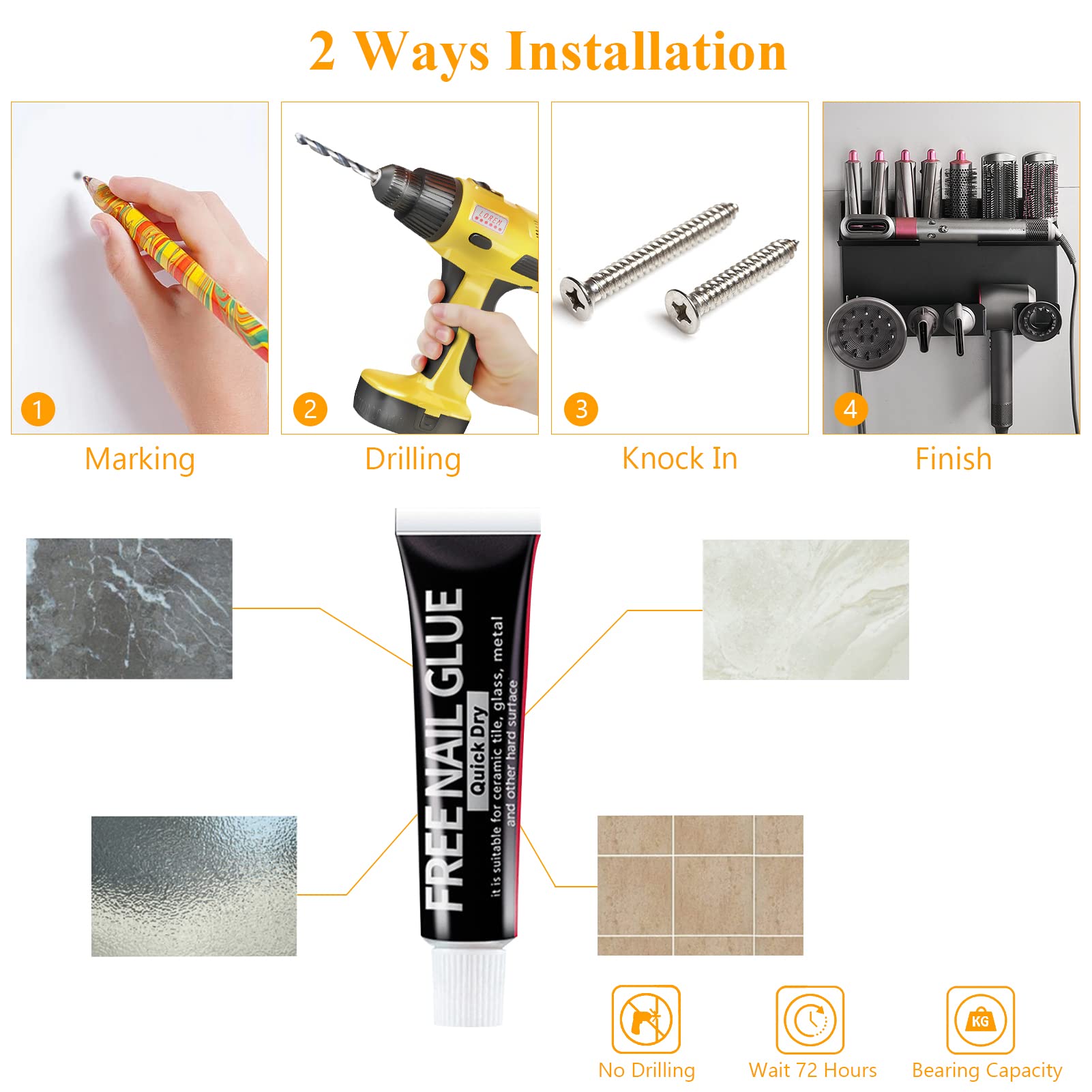 Bocguy 2 In 1 Wandhalterung für Dyson Airwrap & Dyson Föhn, Ohne Bohren Dyson Airwrap Halterung mit Kleber & Schraubengruppe, Dyson Haartrocknerhalter kompatibel mit Fässer, Diffusordüsen, Supersonic