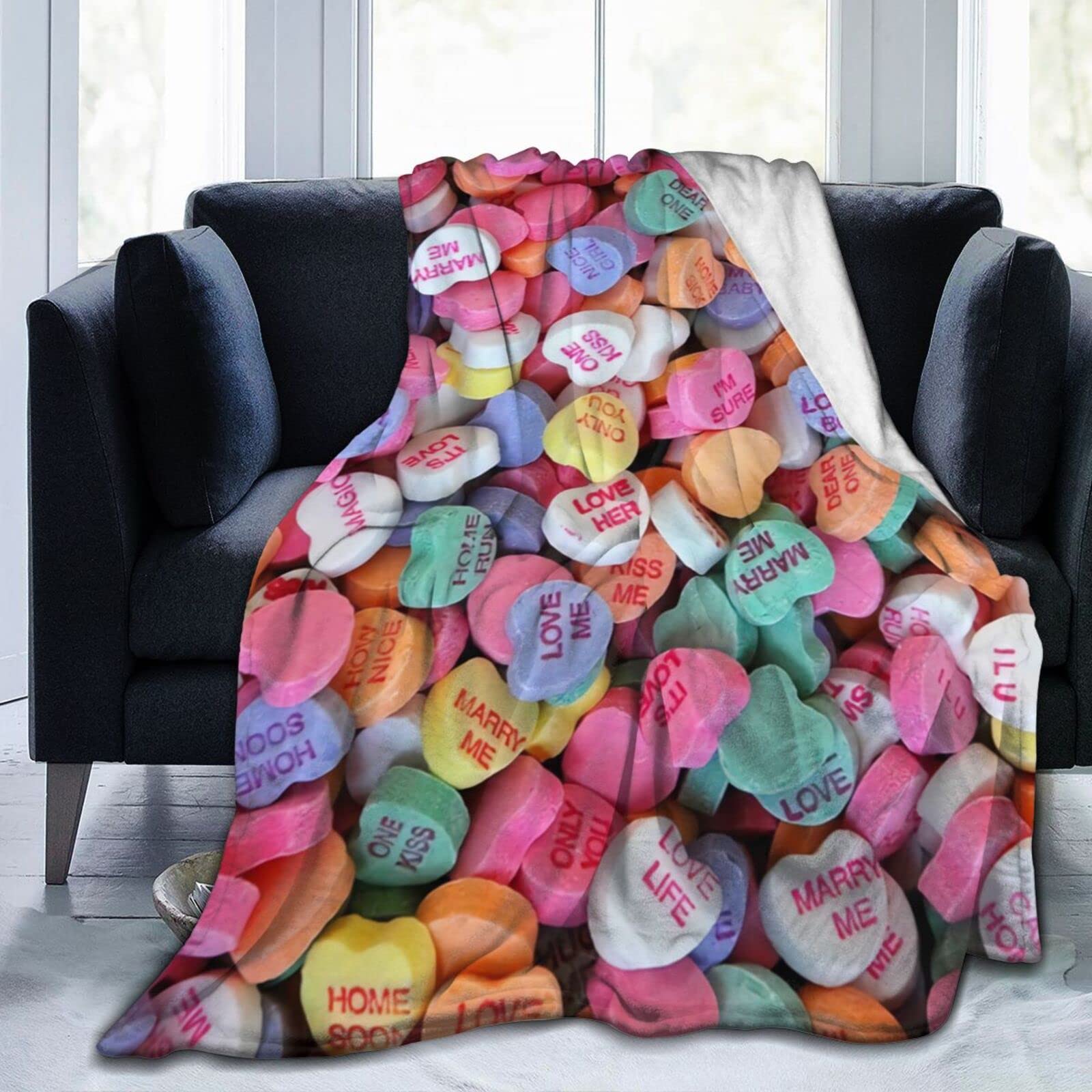 Lsjuee Valentine's Day Candy Hearts Throw Blanket Super Soft Cozy Plush Flannel Blanket Lightweight Bed Blanket for Sofa Couch Bed Romantic Valentine's Day Gift 80"X60"