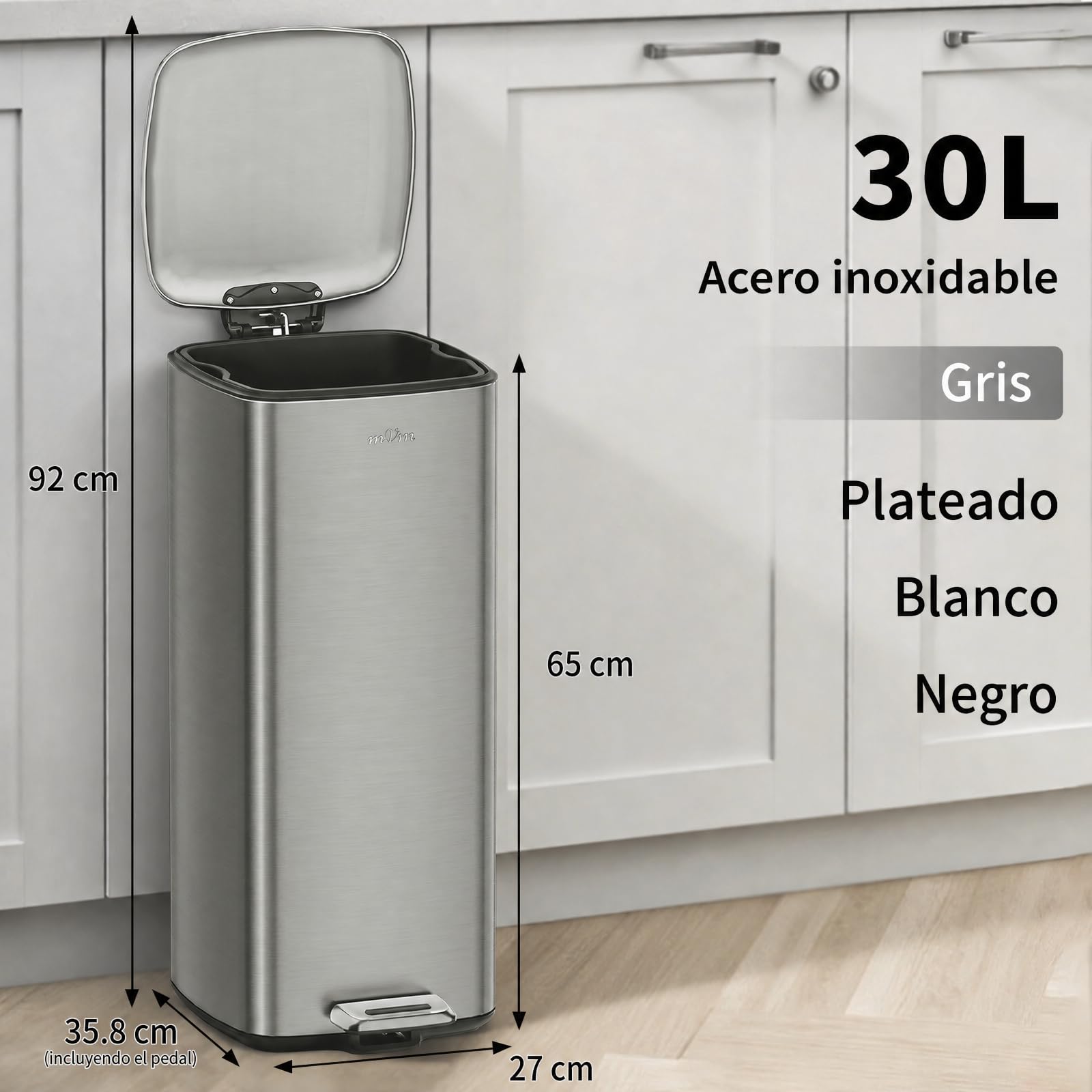 mVm Papelera de Cocina Slim de Acero Inoxidable, 30L Diseño Rectangular Alto y Estrecho, Tapa Fina con Cierre Suave, Cubo Interior Extraíble, Pedal Antideslizante, 4 Colores Gris