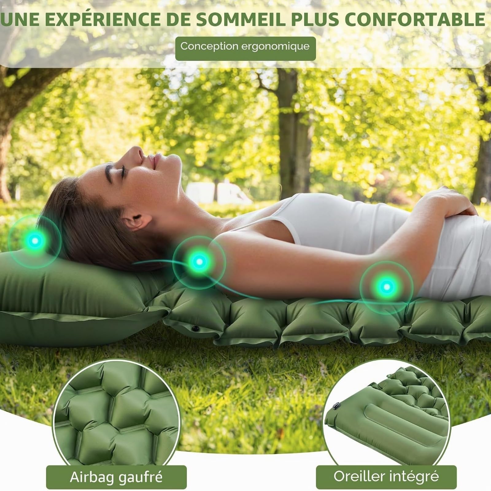 MEIION Olynora Matelas Camping,Matelas Camping Autogonflant Épais,Matelas Gonflable Extérieur à Gonflage par Pied,Imperméable Résistant avec Oreiller Intégré pour Randonnée Sac à Dos